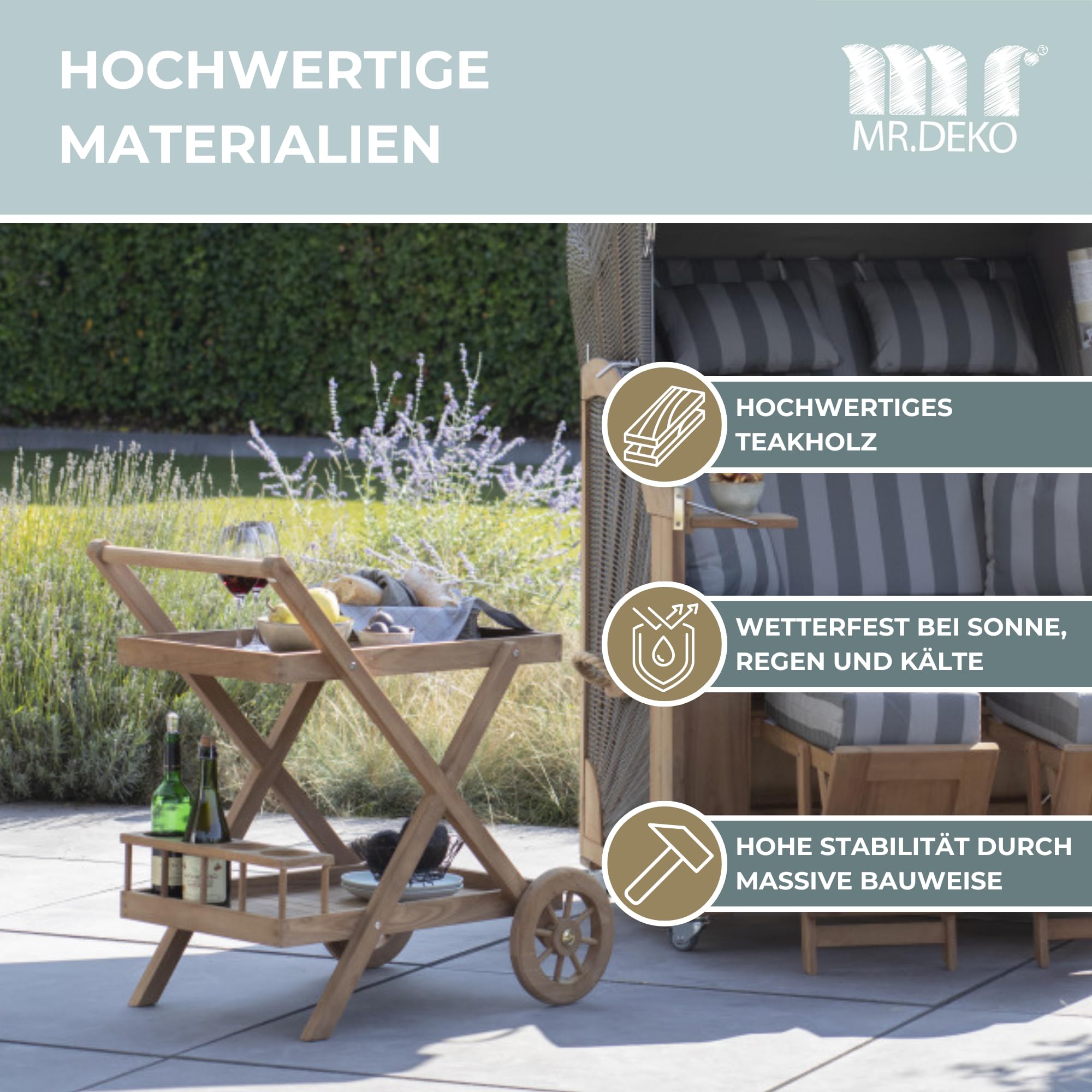 MR. DEKO® Carrello da portata Chester in teak – Tavolo da giardino – Mobili da esterno