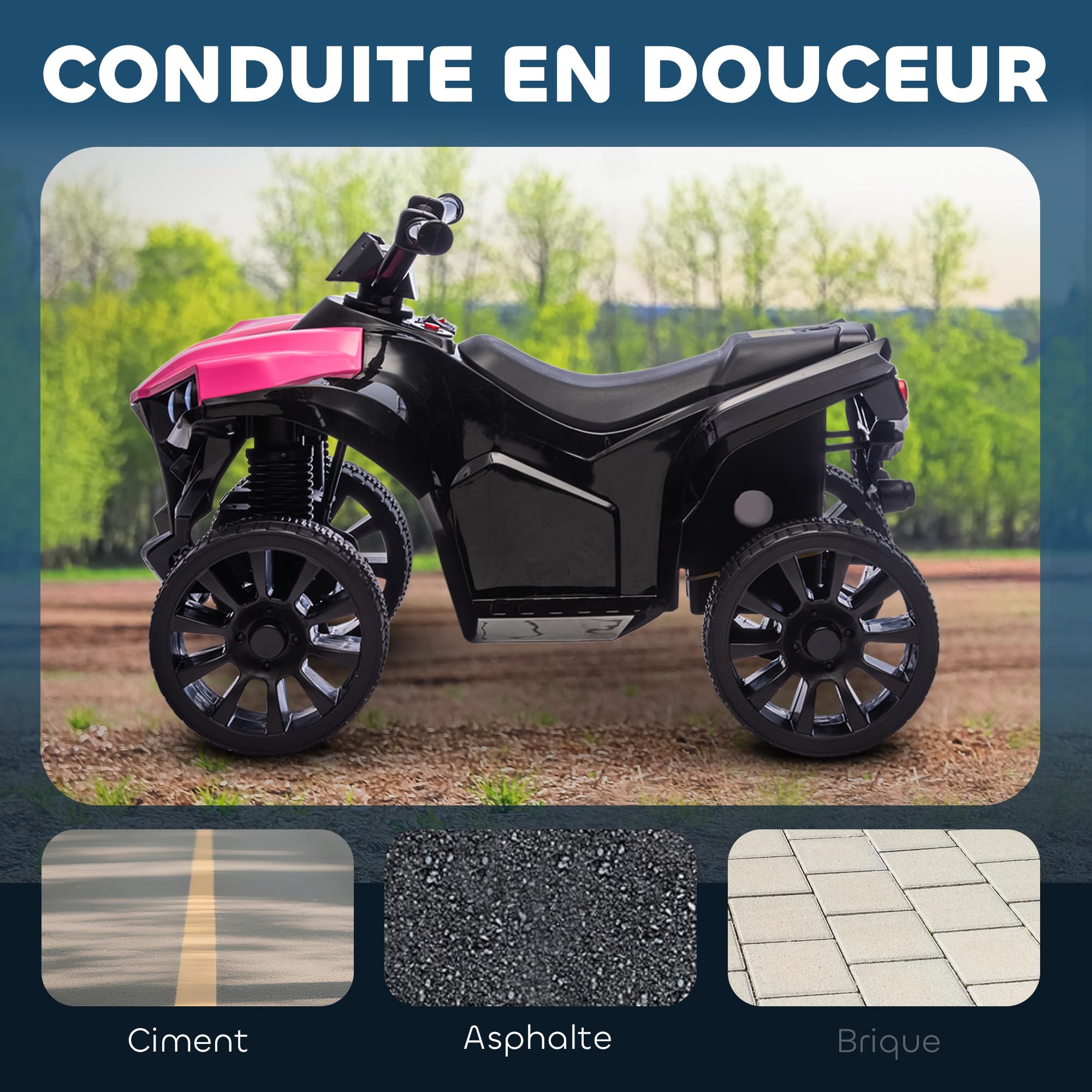 AIYAPLAY Quad Électrique Enfant 6V Musique et Phares LED 1,5-3 km/h Rose