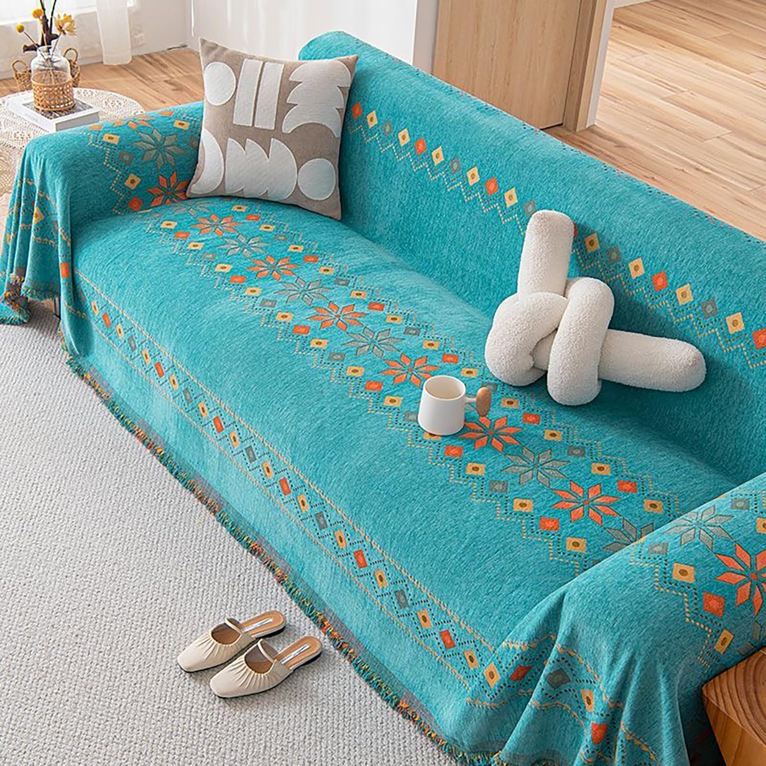 Reversible Boho Couch Cover for 2 3 4 Cushion Couch Multi-Purpose Sofa Silpcover Sofa Throw Anti-Scratch Couch Cover Durable Protector Blanket Cover Loveseat Cover,Green,180 * 130cm/71 * 51in
