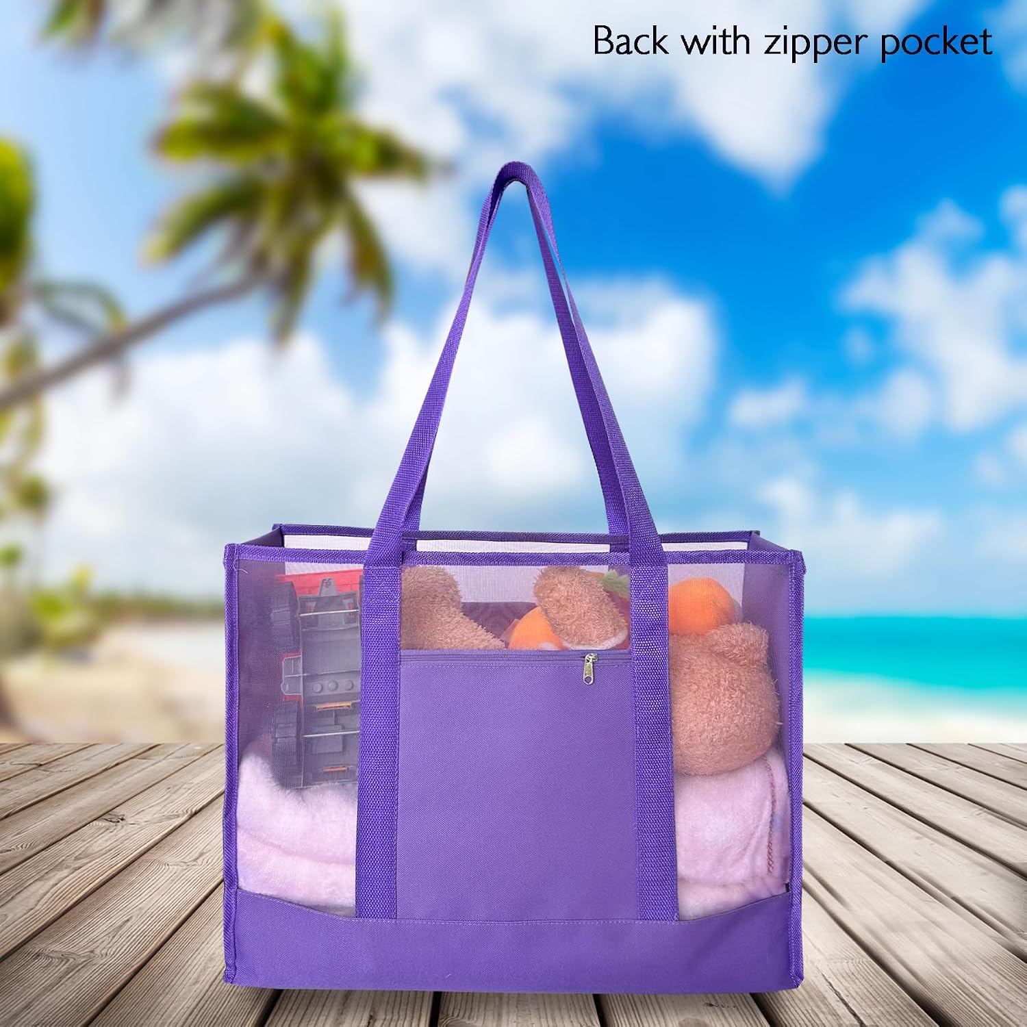 Large Mesh Beach Tote Bags With Pockets & Zipper for Poolside/Trip/Swim