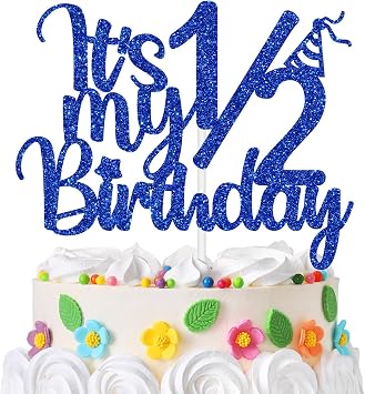 Its My 1/2 Birthday Cake Topper, Half Way to One Cake Decor, Baby Boys Girls 6 Months Birthday Baby Shower Party Decorations Blue Glitter