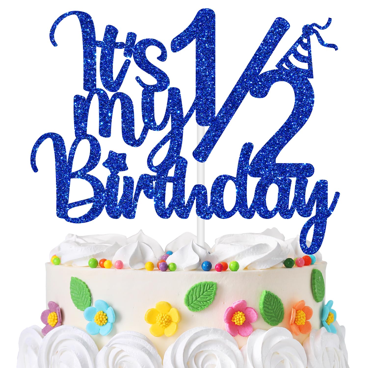 It's My 1/2 Birthday Cake Topper, Half Way to One Cake Decor, Baby Boys Girls 6 Months Birthday Baby Shower Party Decorations Blue Glitter