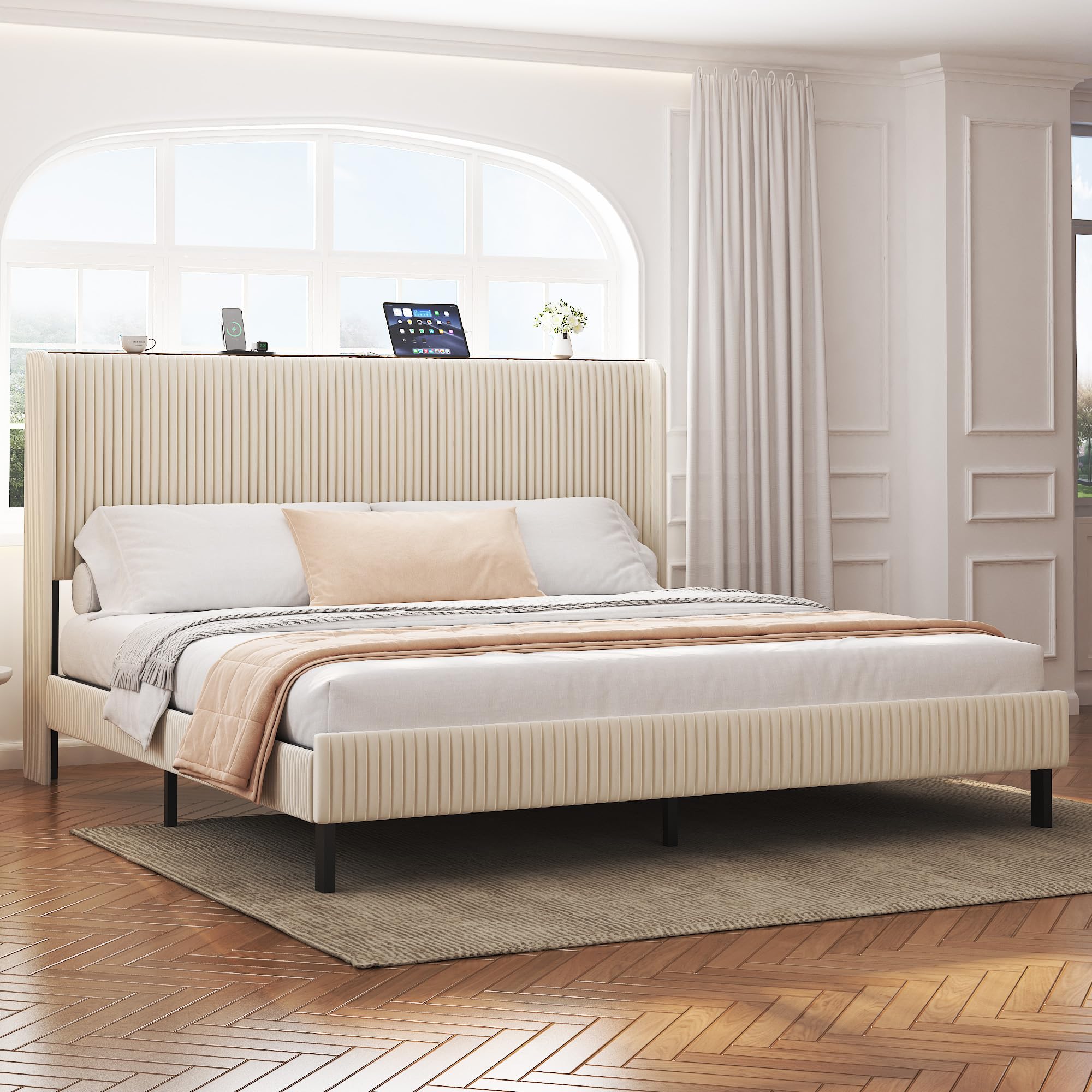 King Size Platform Bed Frame with Headboard Charging Station Velvet Upholstered Bed Frames Heavy Duty Metal Frame No