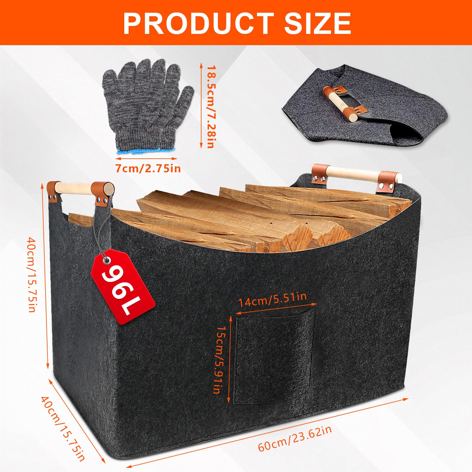 Cesta de madera de fieltro XXL (96 L, 60 x 40 x 40 cm), para leña grande, fieltro extragrueso, cesta plegable, con mango de madera y guantes