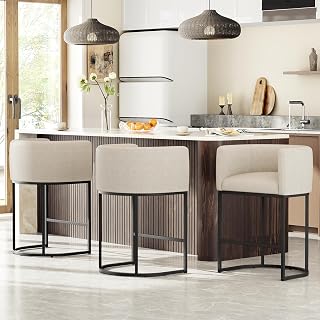 VATROS 26" Counter Height Bar Stools Set of 3 - Modern Barrel Design with Backrest, Arms, Linen Fabric & 450 LBS Capacity (Beige)
