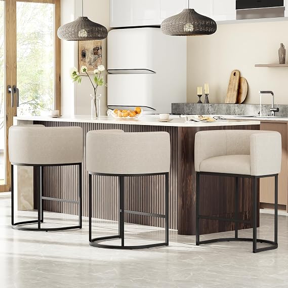 26 H Counter Height Bar Stools Set of 2, Modern Barrel Counter Stools with Backrest and Arms, Linen Fabric Upholstered Accent Barstools for Kitchen Island,Support 450 LBS (Beige)
