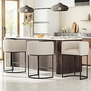 26-inch Counter Height Bar Stools Set of 3, Modern Barrel Style with Linen Fabric Upholstery, Support 450 lbs, Beige