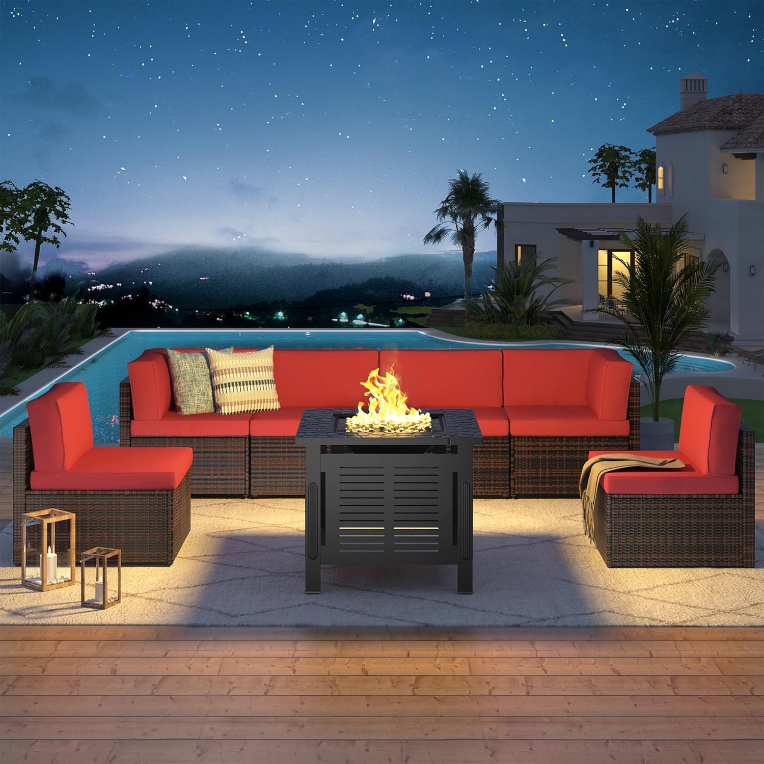 U-MAX 7 Piece Outdoor Patio Furniture Set with Extra 30 Inch Fire Pit Table, PE Rattan Wicker Sofa Set, Outdoor Sectional Furniture Chair Set with Cushions and Tea Table, Brown Rattan&Red Cushion