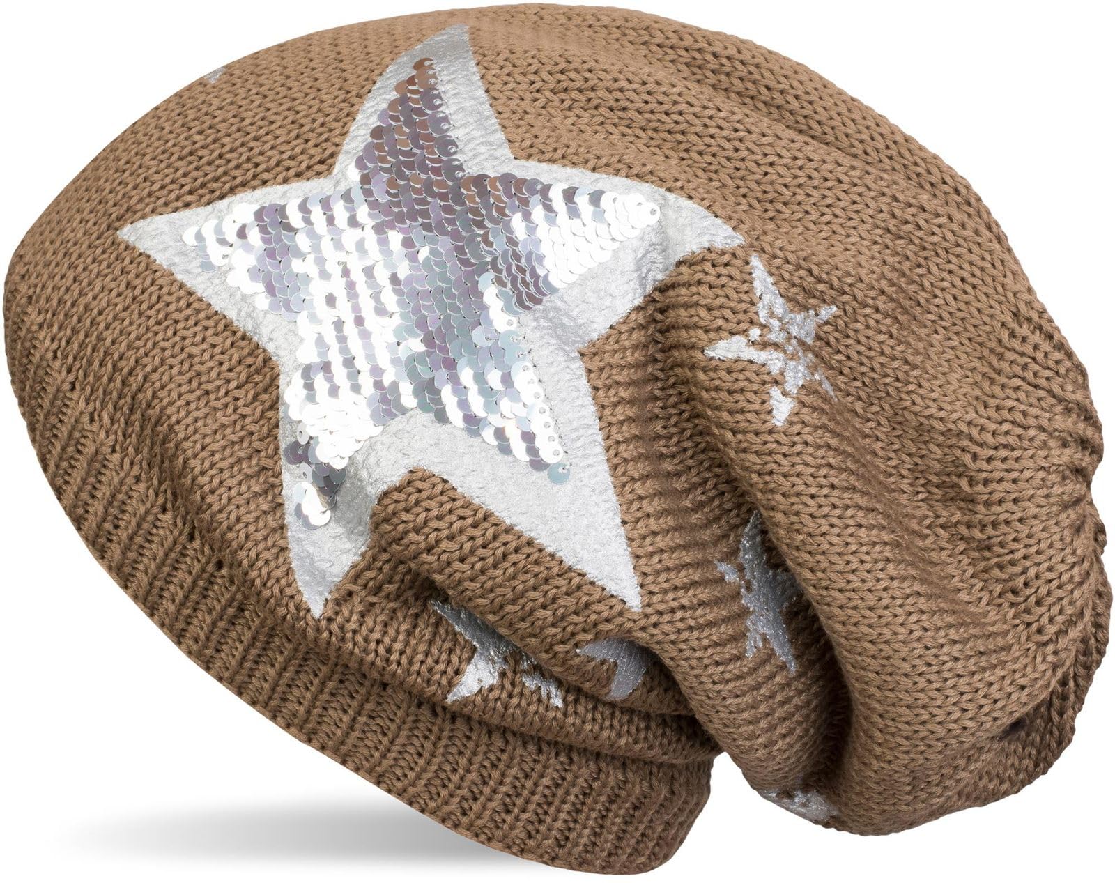 Stylebreaker Women's Brown Warm Fine Knit Beanie Hat With All-Over Vintage Star Print, Sequinned Star And Very Soft Fleece Inner Lining 04024091, Color: