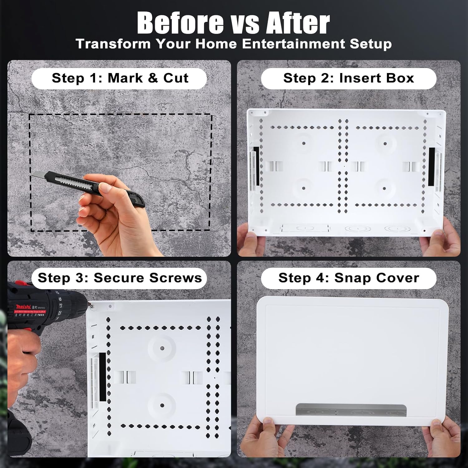 9 Inch in-Wall TV Media Box – Recessed Mount Enclosure for AV Devices and Cable Management – Compatible with Apple TV, Roku, Fire TV, One Connect Mini – WiFi Friendly Storage Solution