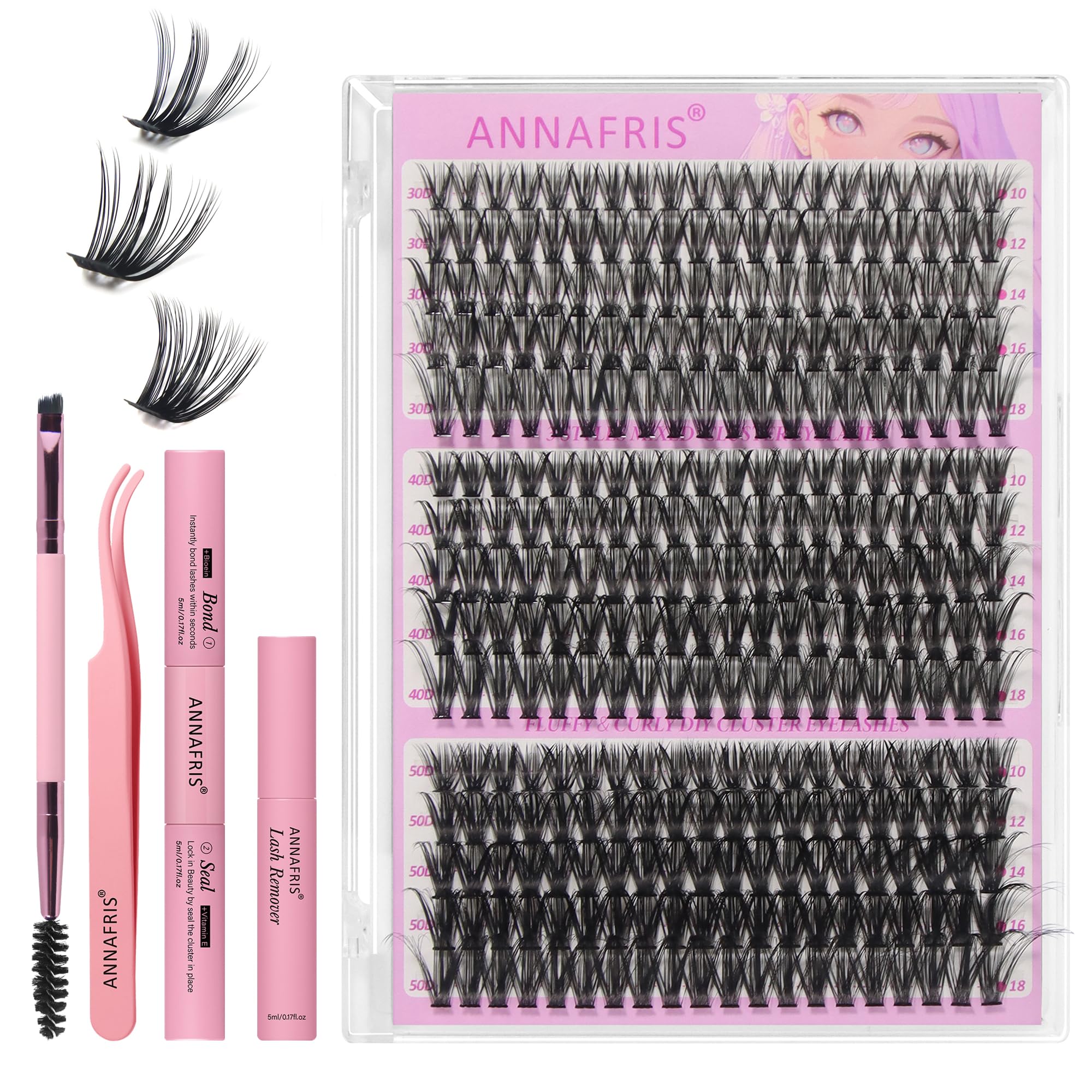 ANNAFRIS Ciglia Finte Ciuffetti Kit 30D+40D+50D Ciglia Finte Naturali D Curl 10-18mm DIY Extension Ciglia Fai da te Cluster Lashes(30D+40D+50D)