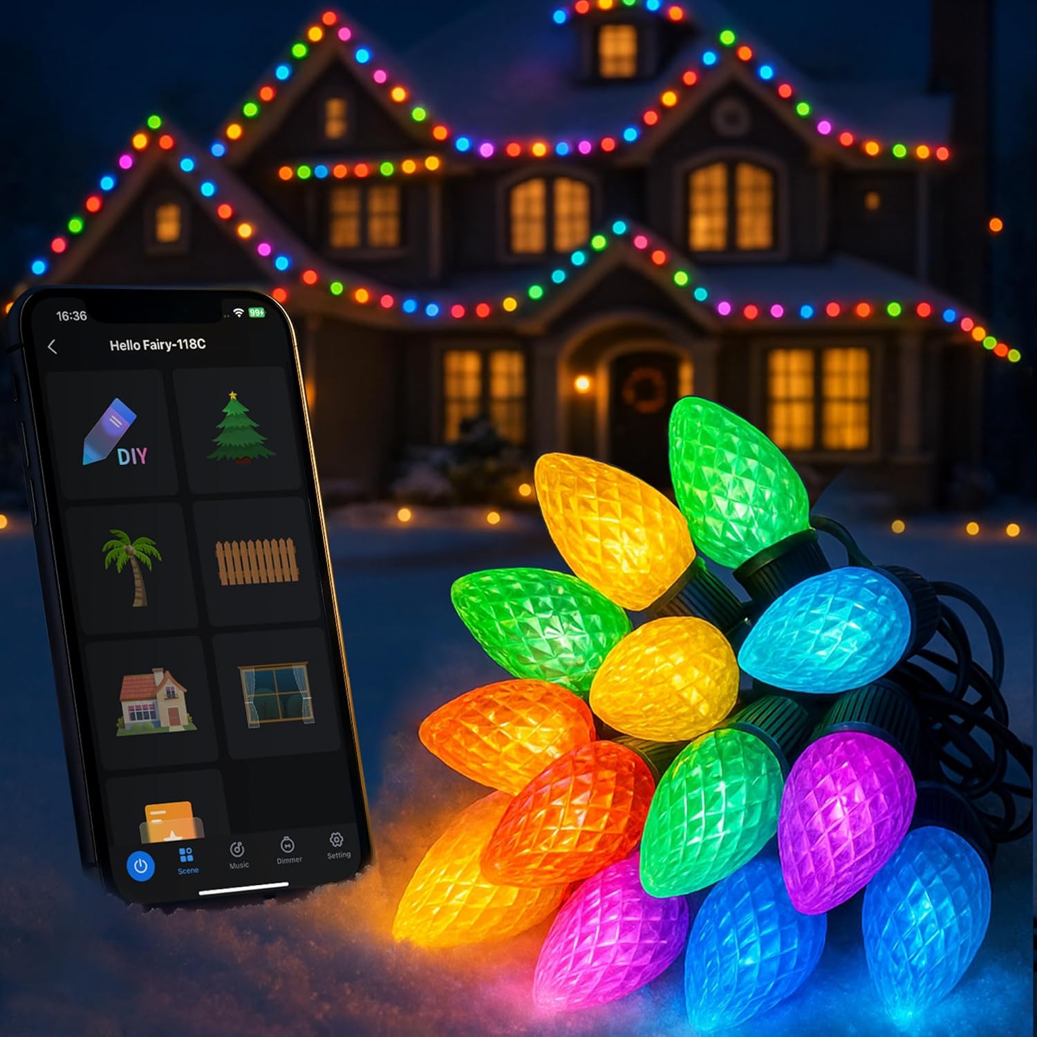 Popotan Luces de Navidad inteligentes C9 para exteriores, 132 pies, 200 LED, tira de luces RGB controladas por aplicación con más de 80 modos de