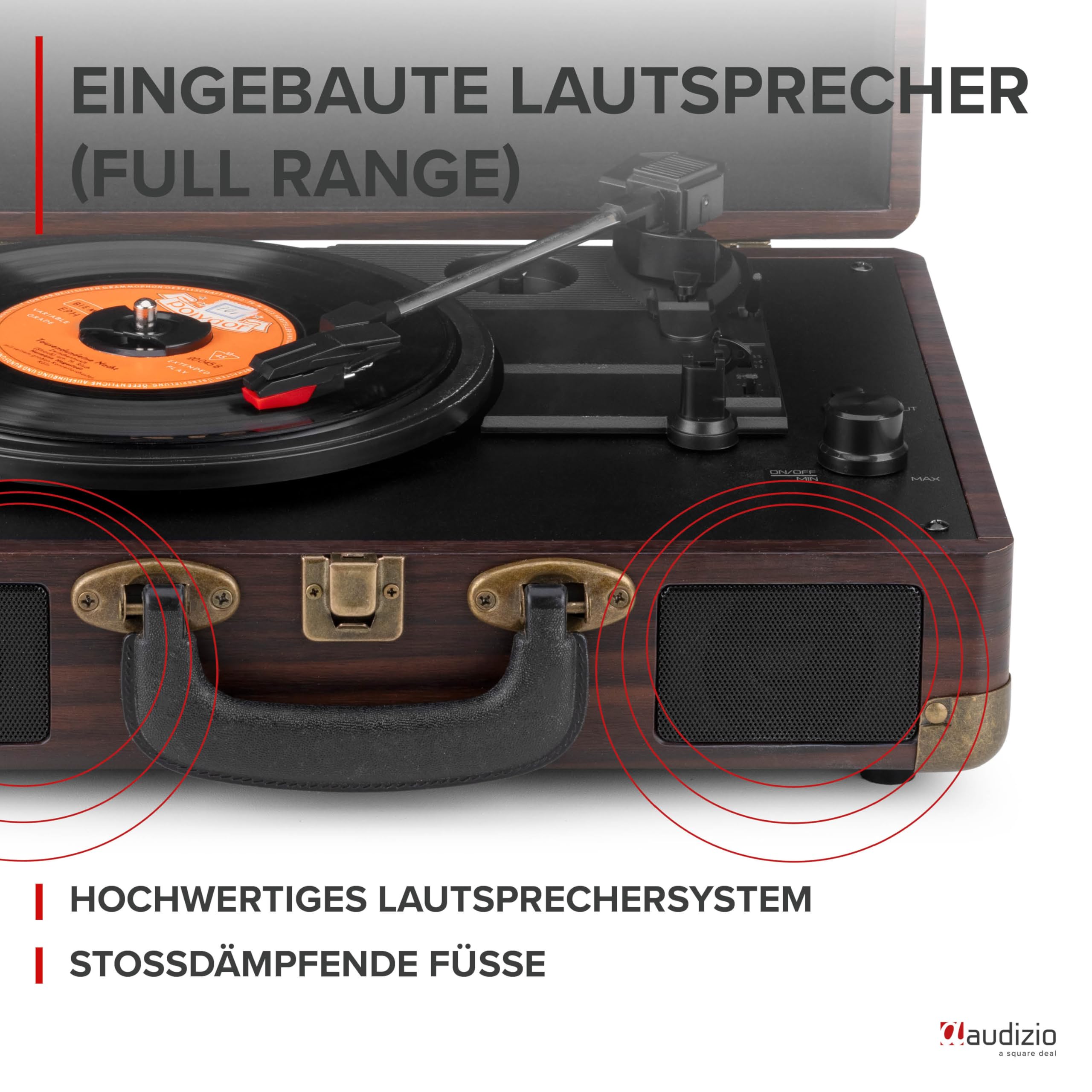 Audizio RP116DW Plattenspieler mit Lautsprecher - Vinyl Player 3-Gang Antrieb, Plattenspieler Bluetooth 5.0, Schallplattenspieler mit Riemenantrieb 33/45/78, Auto-Stop, Digitalisieren mit USB, AUX