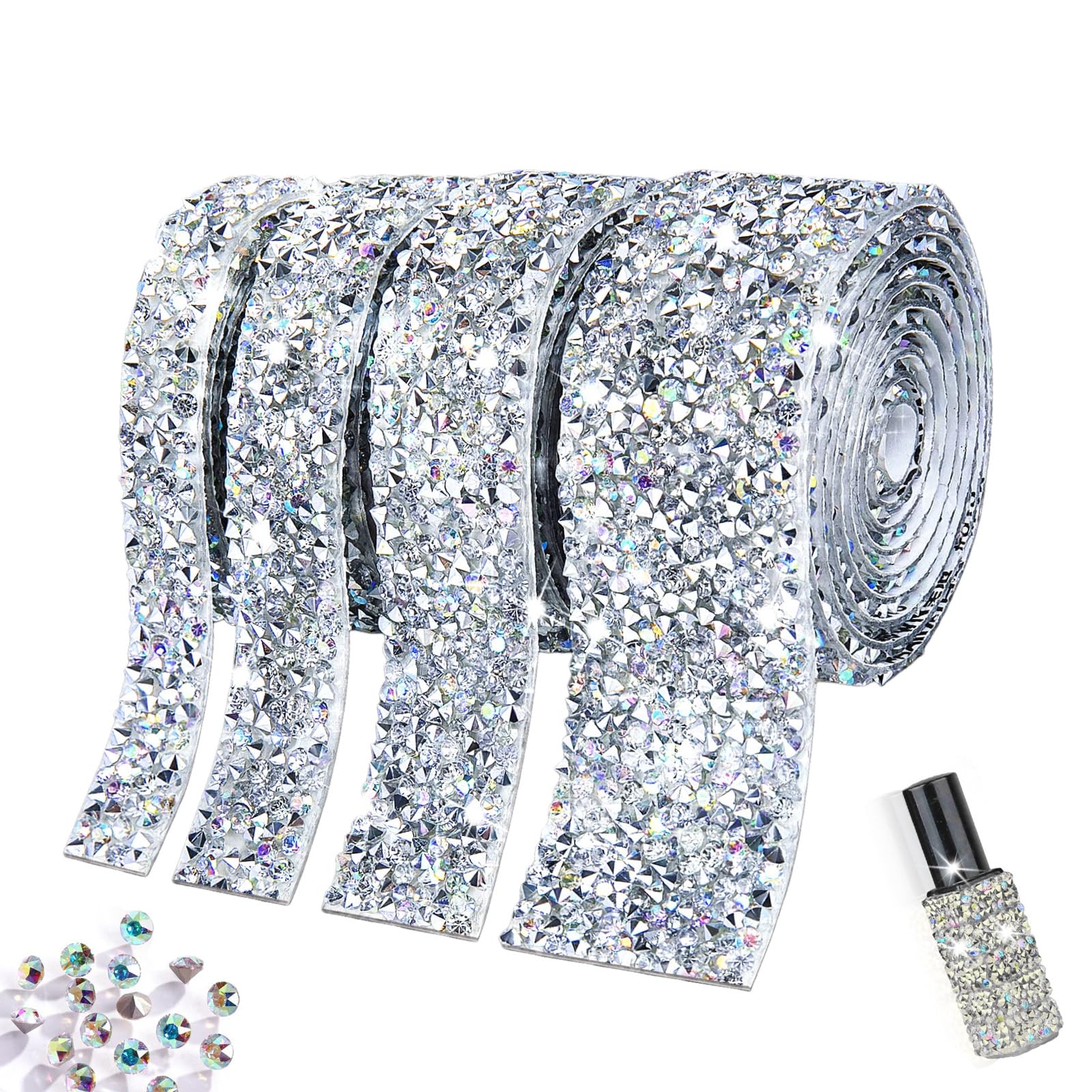JVHLOV 4 Rolls Self Adhesive Rhinestone Ribbon Strips – Different Widths, 1 Yard Each, Glitter Trim for DIY Crafts, Wedding, Party, Gift, Car & Home Decoration (Silver AB Iridescent)