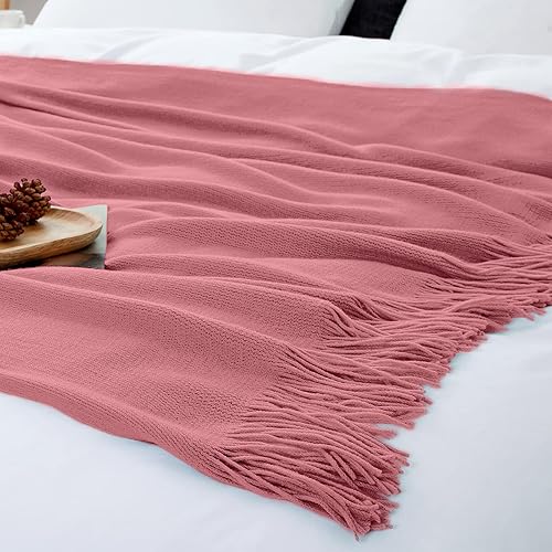 Miniatura 6 de Vonty Manta de punto rosa polvoriento con borlas y flecos, 50 x 60 pulgadas, manta de punto súper suave, manta ligera decorativa de granja para