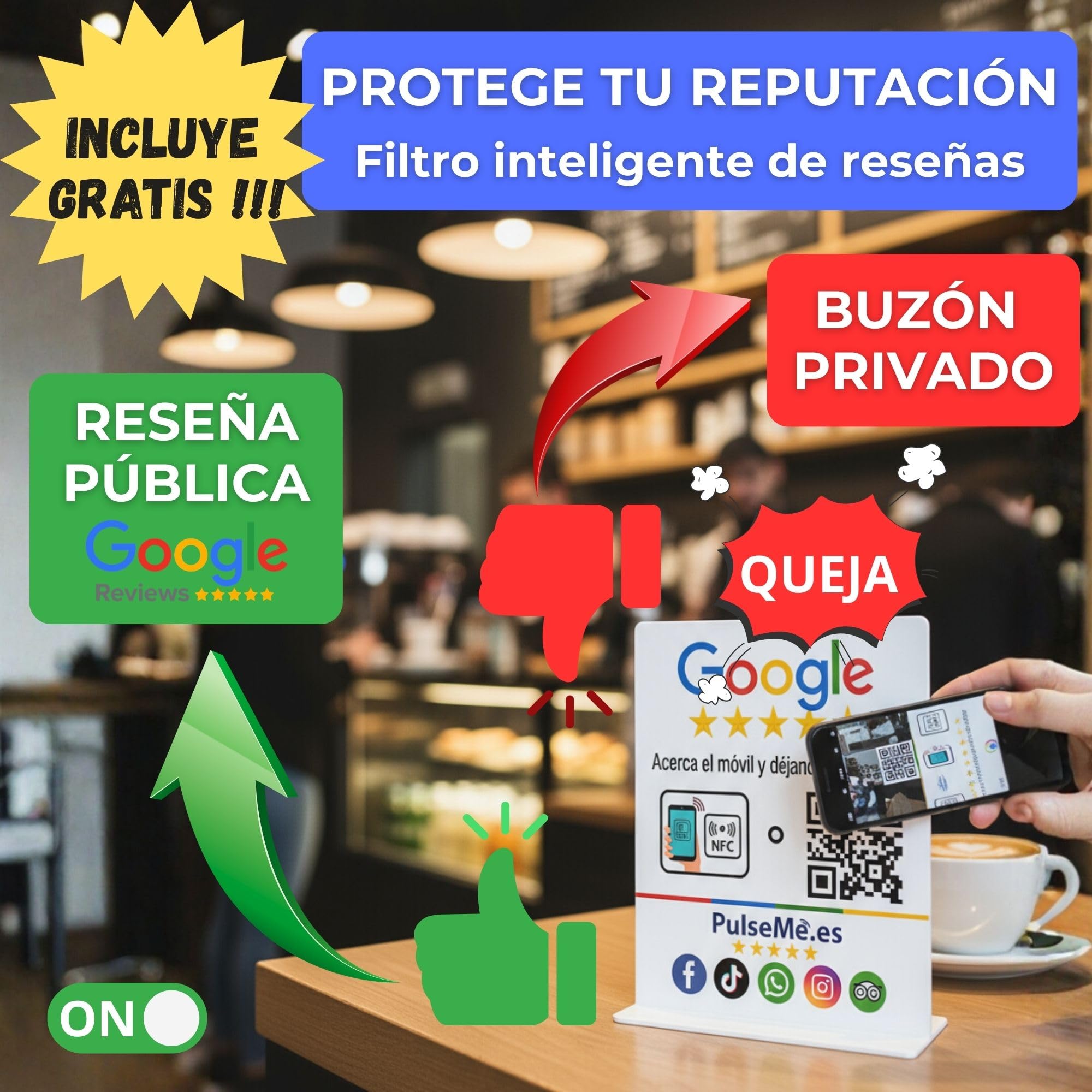 Placa NFC + QR Todo-en-Uno:Conecta tus Redes Sociales y dispara tus Reseñas |Mini Web Incluida|Filtro AntiNegativas|Sin Cuotas|Ideal Hostelería, Comercios (1 Acrilico en Castellano)