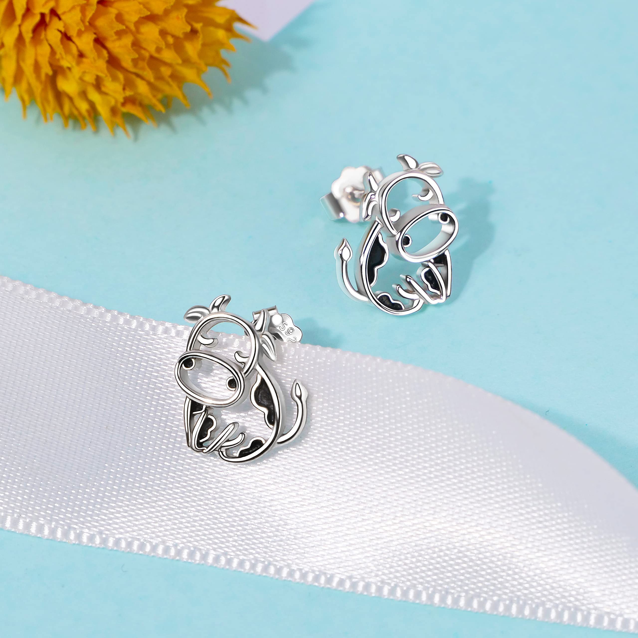 Pendientes de vaca/conejo/tigre, plata de ley 925, gato/mapache, joyas de animales, regalos para el día de la madre para mujer, 0.81 Zoll x 0.76 Zoll, Plata de ley