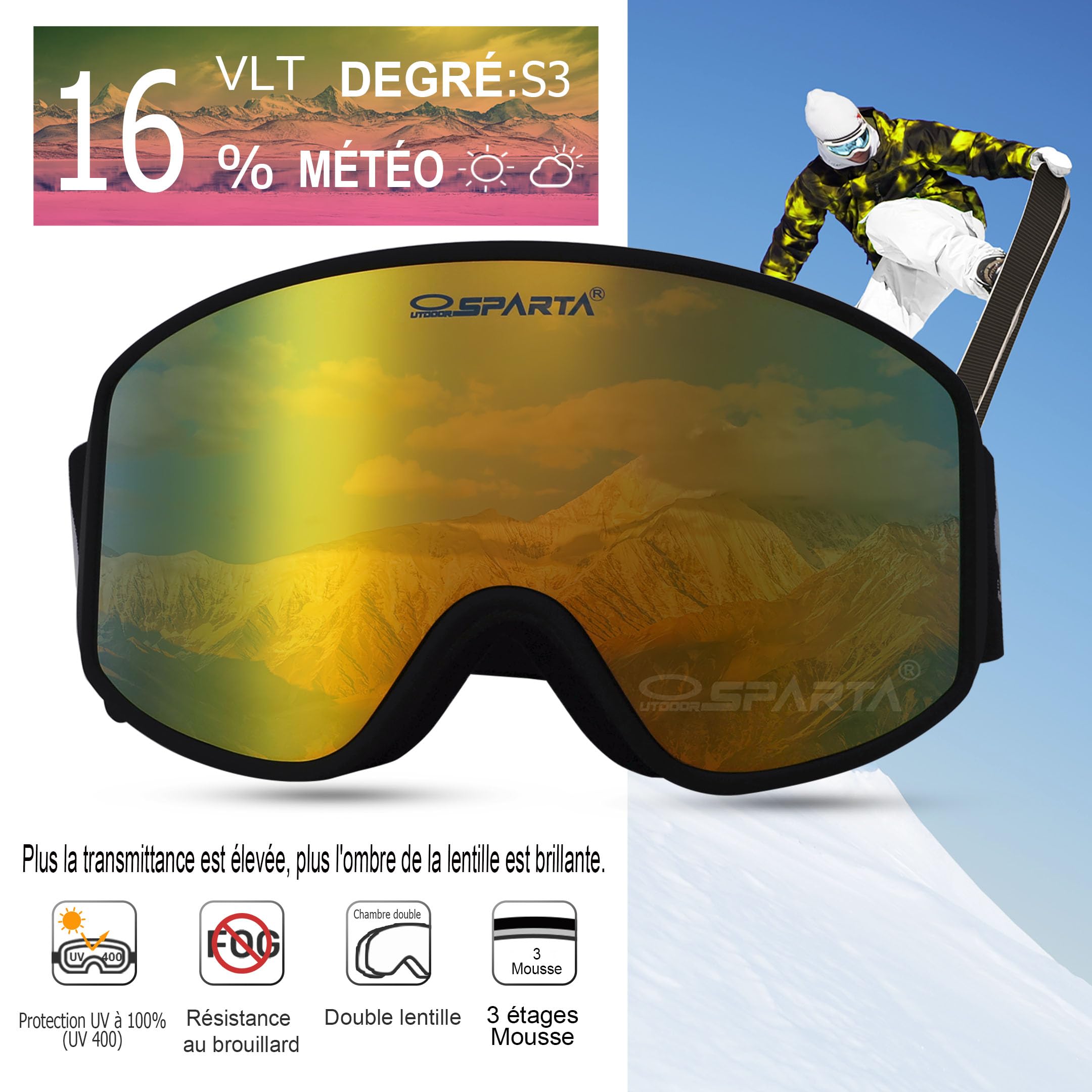 Masque de snowboard OTG, objectif HD magnétique amovible/anti - buée/protection 100% uv400 / lentille cylindrique double couche sans cadre
