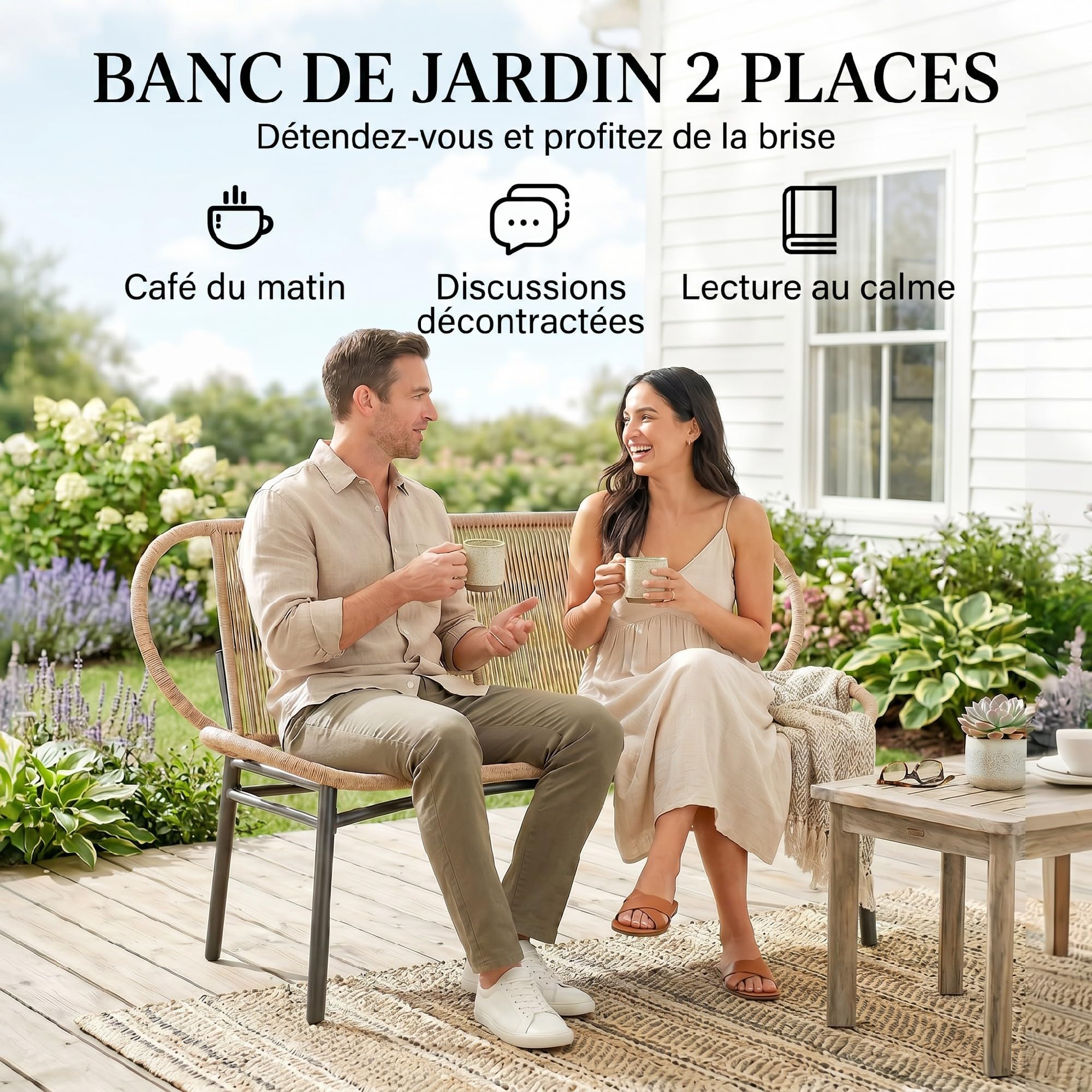 Outsunny Banc de Jardin 2 Places en Résine Tressée 138x62x83cm Naturel