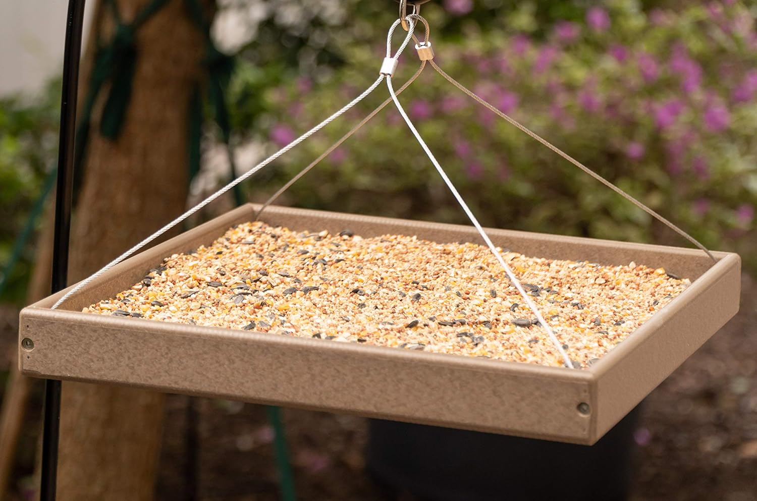 DutchCrafters Large Square Plastic Poly Hanging Bird Feeder Tray with Mesh Bottom, Outdoor Fly-by Platform Birdfeeder for Wild Birds - Amish Made in America (Turf Green)