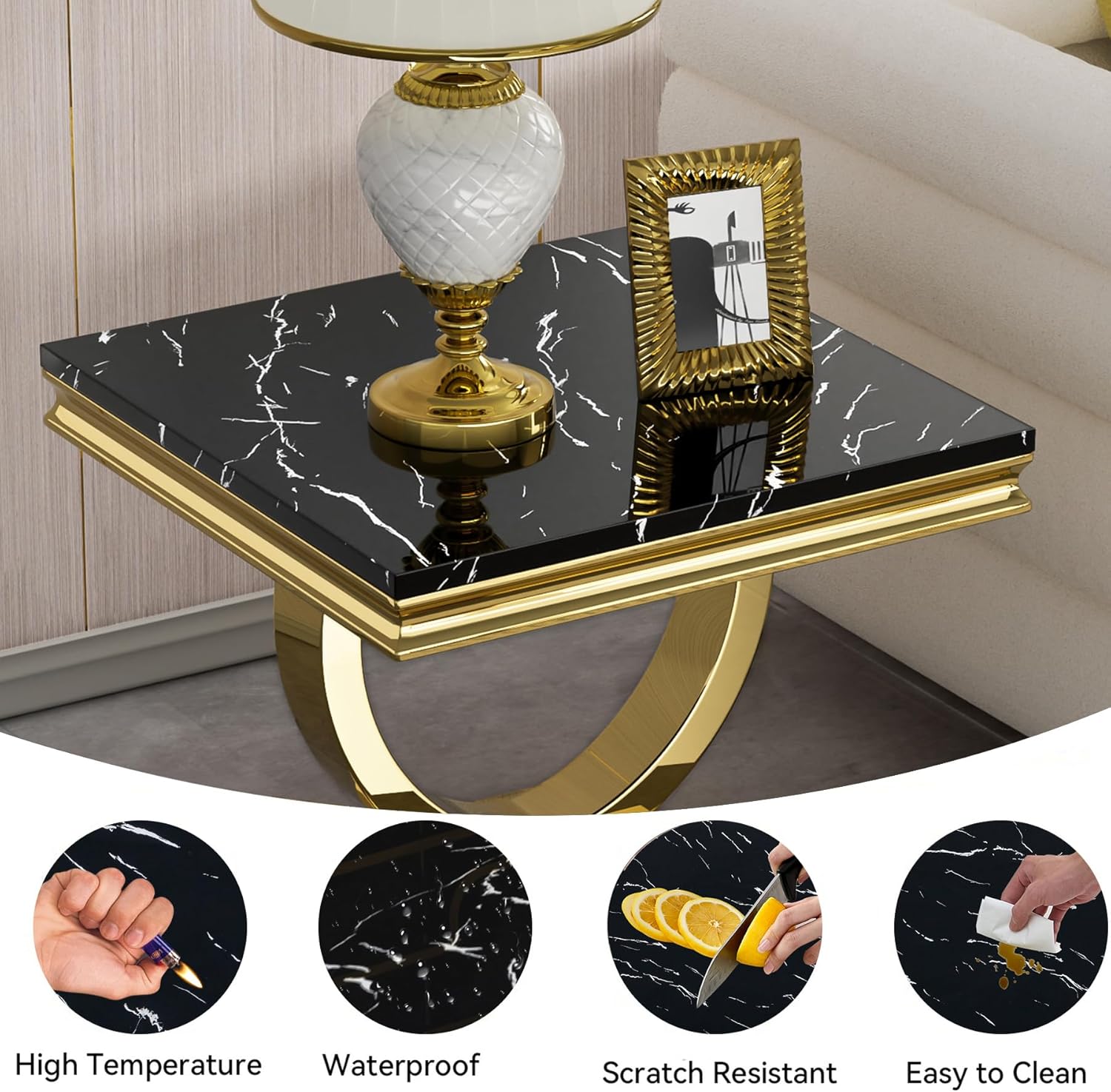 Black Coffee Table and End Table Sets, 3 Piece Marble Living Room Table Set 1 Coffee Table and 2 End Tables,Modern Faux Marble Top with Gold Stainless Steel Frame for Living Room
