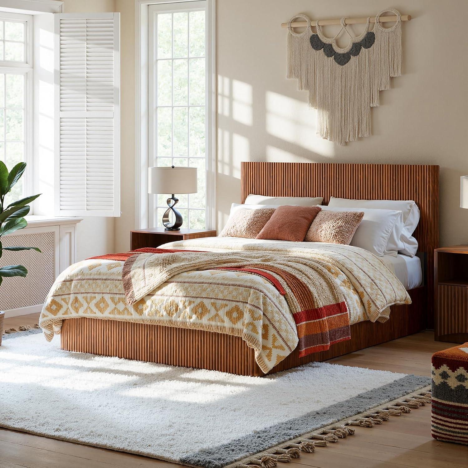 Evermagin Walnut Queen Lift Up Storage Bed Frame, Mid Century Modern Fluted Bed Frame, Wood Hydraulic Queen Size Bedframe with Headboard