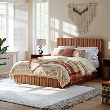 Evermagin Walnut Queen Lift Up Storage Bed Frame, Mid Century Modern Fluted Bed Frame, Wood Hydraulic Queen Size Bedframe with Headboard