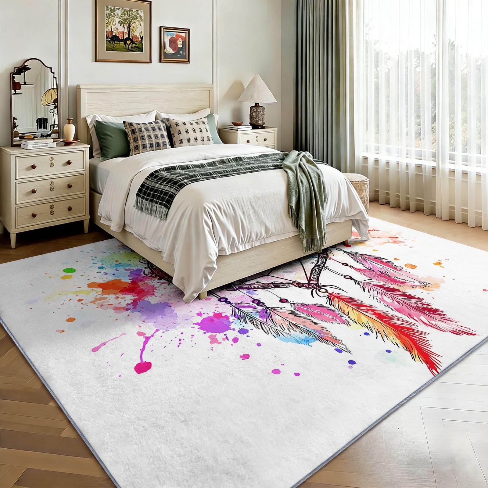 Spirituelle Boho-Kunst 80 x 150 cm Waschbar Teppich Wohnzimmer, Verträumt Traumfänger Federn Textur Rutschfest Teppich Schlafzimmer Mehrfarbig Kurzflor für Kinderzimmer Bettvorleger Spielzimmer