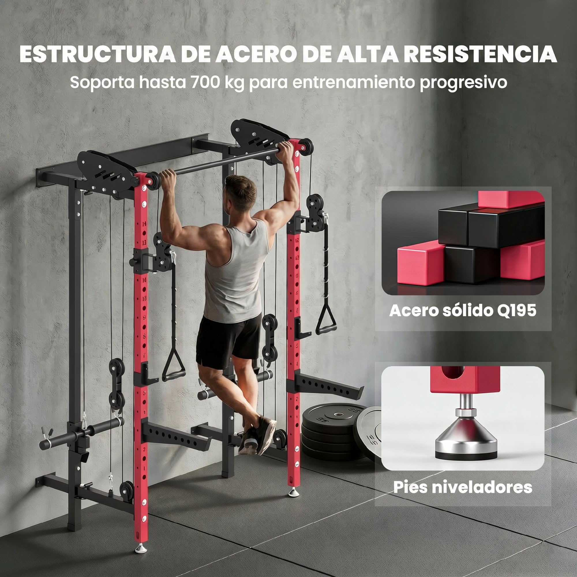 SPORTNOW Jaula de Potencia Musculación Plegable, Rack para Sentadillas | en Pared, Barra de Dominadas, Sistema Poleas Dobles, Soportes Barra Ajustables en 14 Niveles 25-165cm, Carga 700 kg