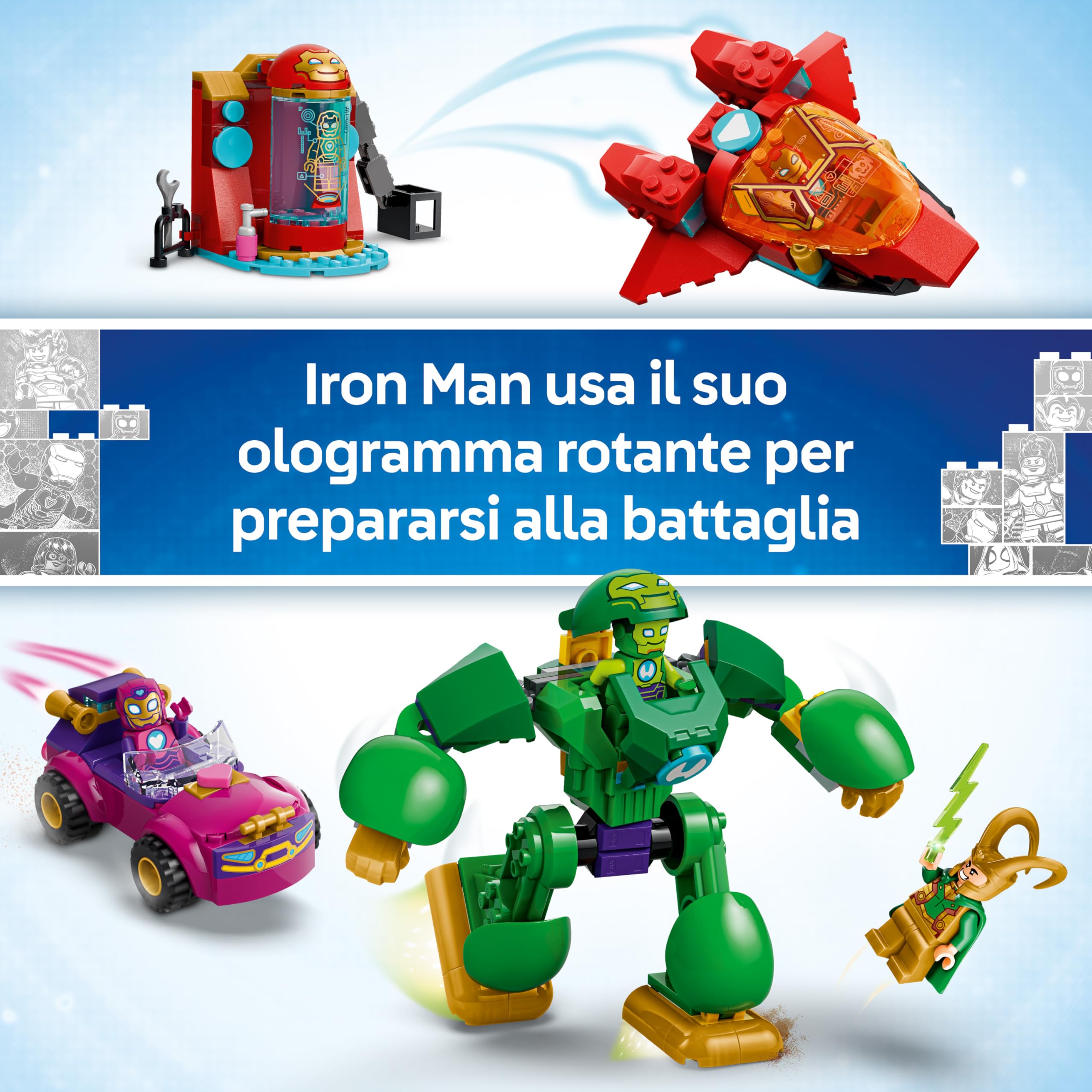 LEGO | Marvel Loki vs. Team Iron Man - Giocattolo da Supereroi con Auto, Aereo, Action Figure Mech e 4 Minifigure - Regalo Bambini da 4 Anni Fan dello Show Iron Man e i Suoi Fantastici Amici - 11211