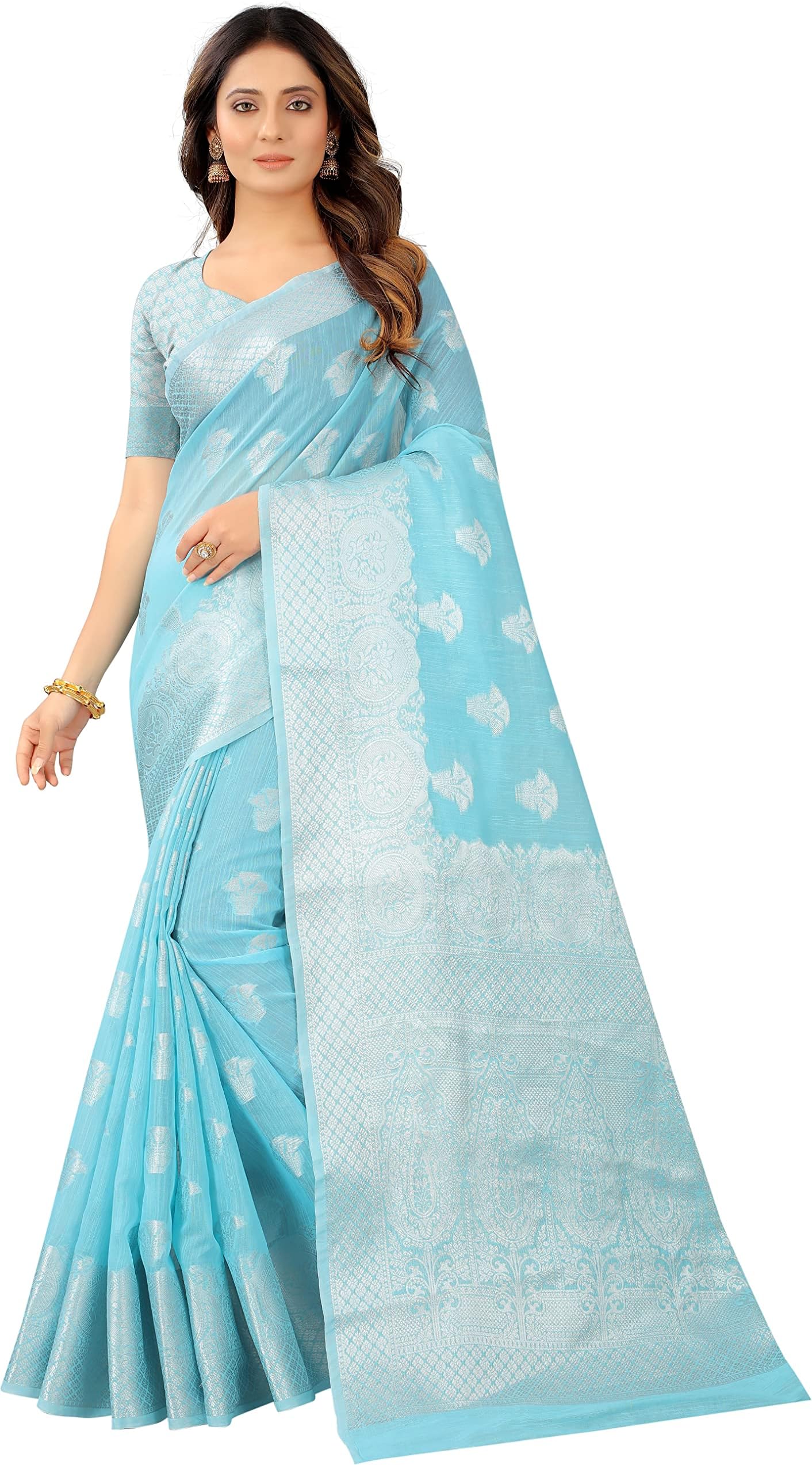 SGF11 Women's Kanjivaram Cotton Tissue Silk Silver Zari Floral Motifs Saree With Blouse Piece, Light Blue, One Size