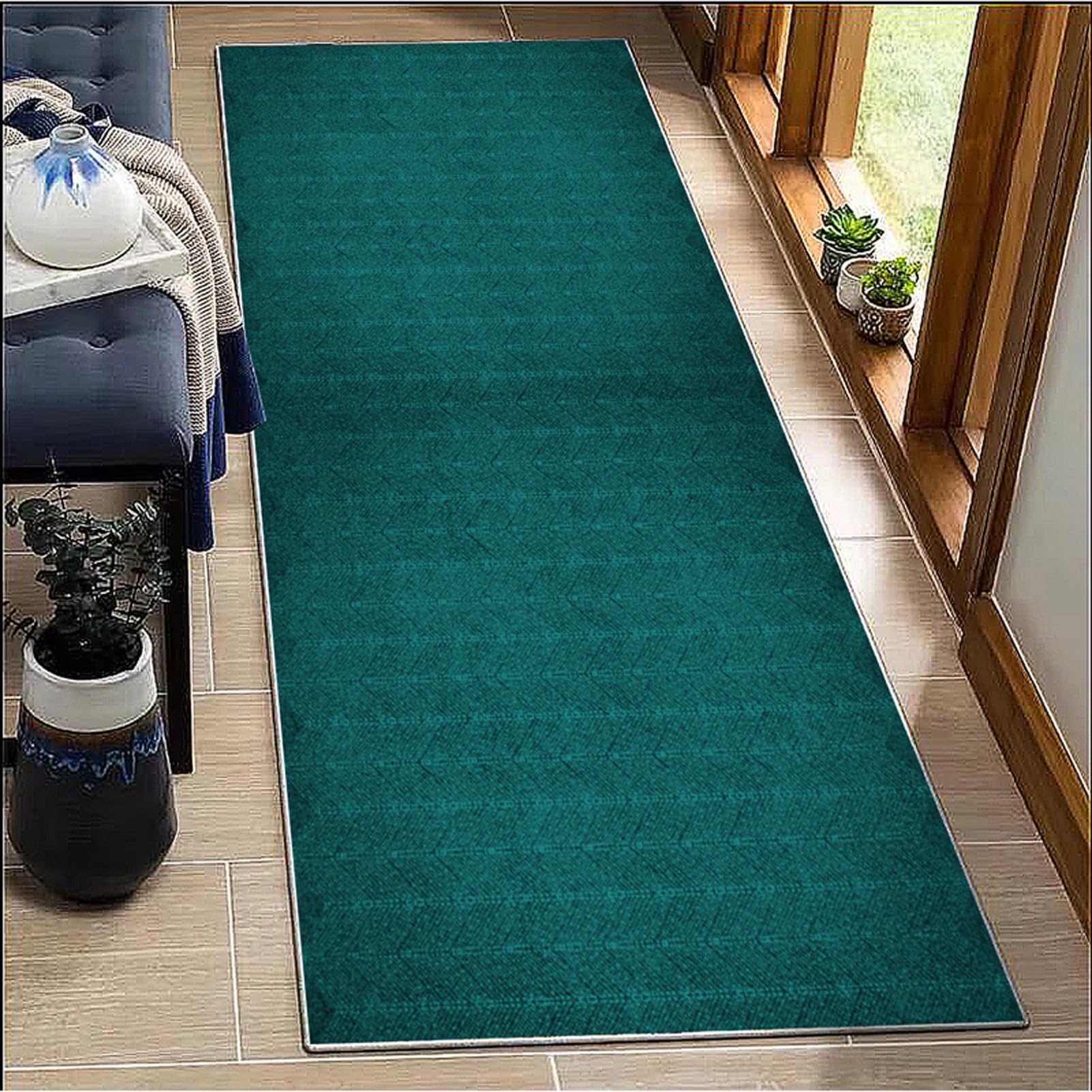 BORKOY Long Carpet Runners for Hallways Non Slip 60x350cm Washable turquoise Runner Rugs Kitchen Runner Absorbent Door Mats Hallway Hall Runners Narrow Rugs for Entrance Bedroom Hallways Living Room