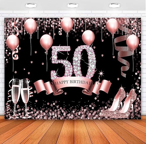 Sensfun Telón de fondo de oro rosa con la frase "Happy 50th Birthday" para mujer, globos de diamantes con purpurina, tacones altos, fondo de