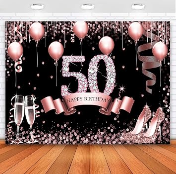 Sensfun Rose Gold Happy 50th خلفية عيد ميلاد للنساء بريق الماس البالونات عالية الكعب العالي تصوير عيد ميلاد الخلفية خمسون سنة رائعة 50 عيد ميلاد حفلة زينة بانر 7x5ft