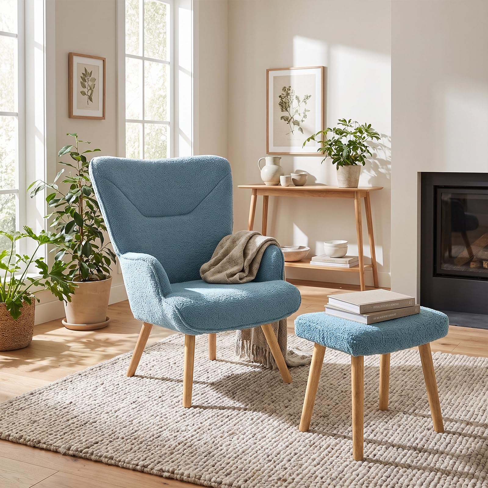 Ohrensessel Sessel Wohnzimmer mit Hocker, Skandinavischer Stil Relaxsessel Polstersessel mit Hoher Rückenlehne Loungesessel aus Teddy-Stoff, Taubenblau