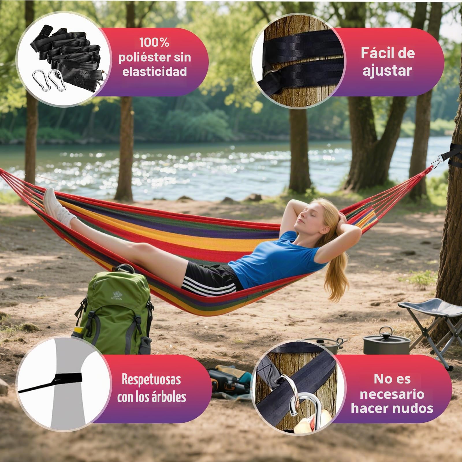 Hamaca de Camping Exterior, Hamaca Doble 200x150cm, Capacidad de Carga 250 kg, con Bolsa de Almacenamiento, Cintas de Nylon y Mosquetones, para Camping, Jardín, Playa, Interior, Balcón, Viaje