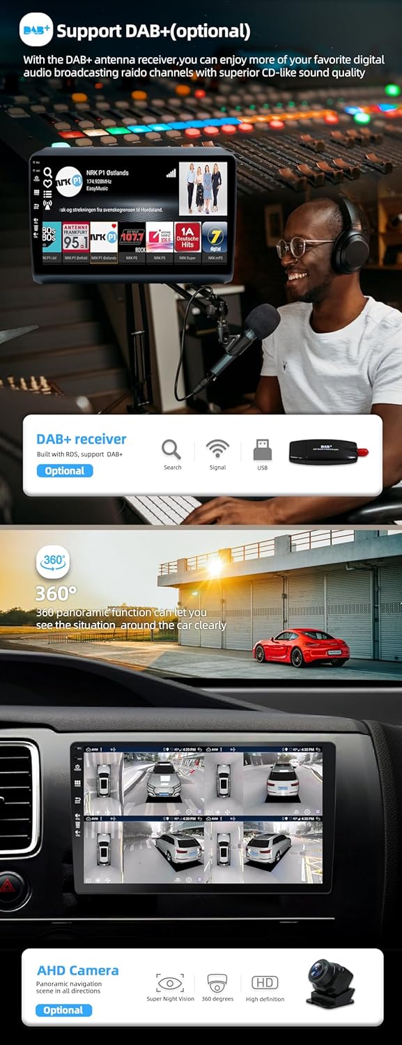 DAB+ radio receiver and 360 degree camera view on car radio screen.