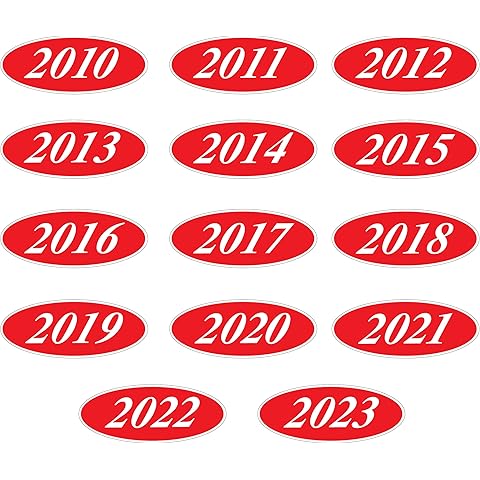 EZ-Line Oval Model Windshield Year Stickers for Car Windows Large Vinyl Dealership Supplies 14 Dozen Pro Pack 1 Dozen Each Year 2010-2023 (Red White)