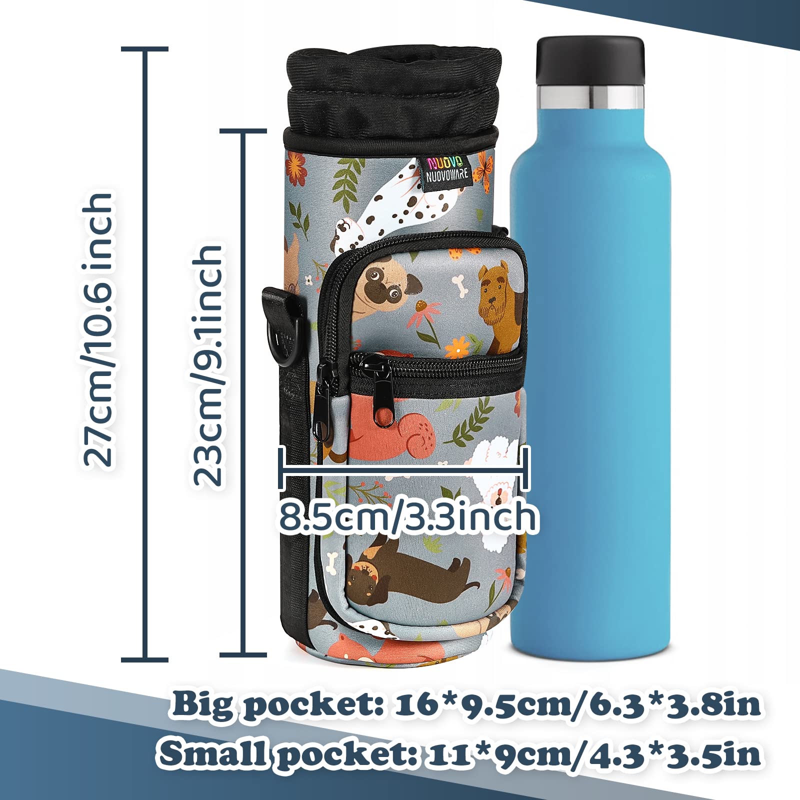Nuovoware Water Bottle Carrier Bag, 25oz/32oz Bottle Pouch Holder, Adjustable Shoulder Hand Strap 2 Pocket Sling Neoprene Sleeve Sports Accessories for Hiking Travelling Camp, Gray Puppy