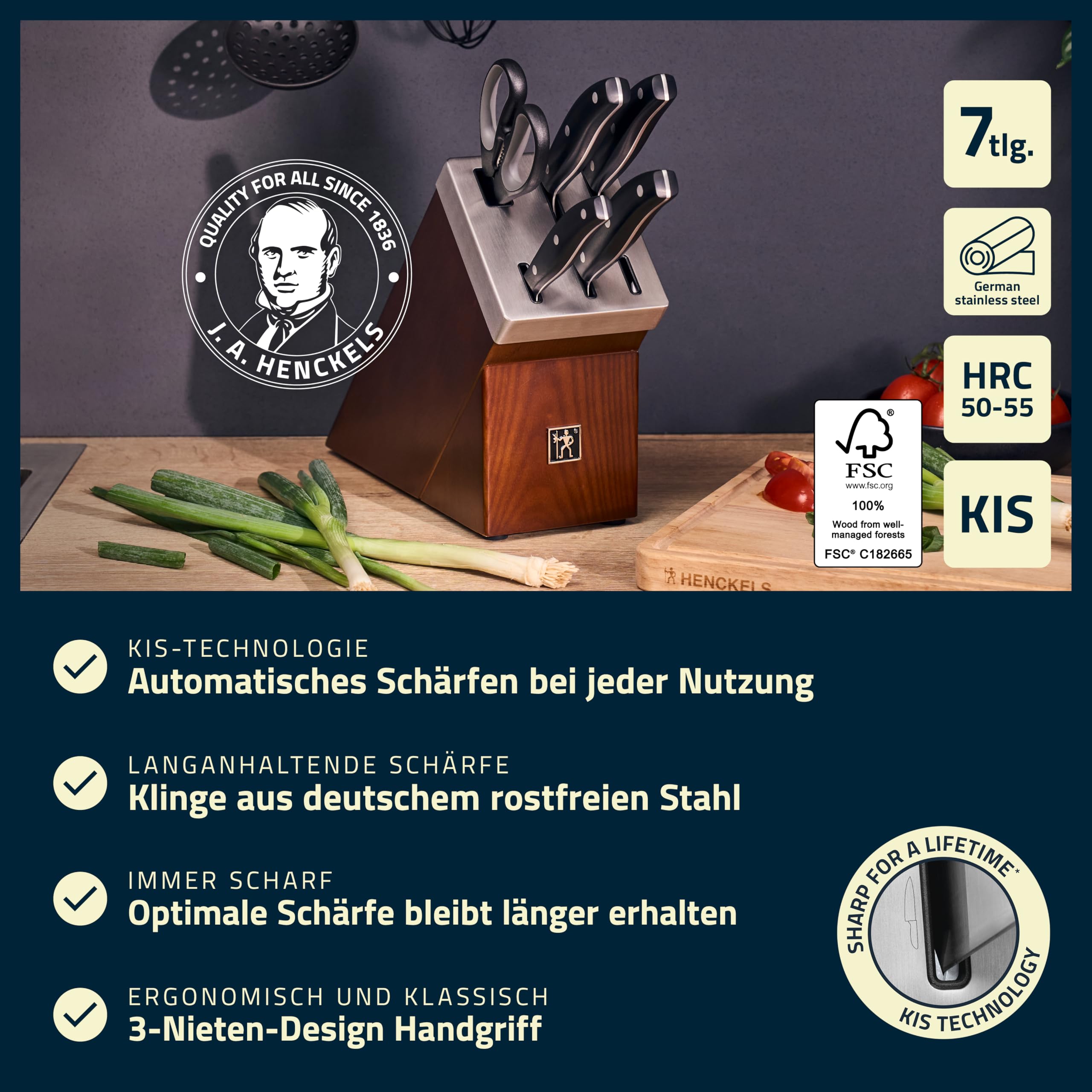 HENCKELS Everyday Selbstschärfender Messerblock 7-teilig, Schere, Braun | Messer-Set, Esche-Block