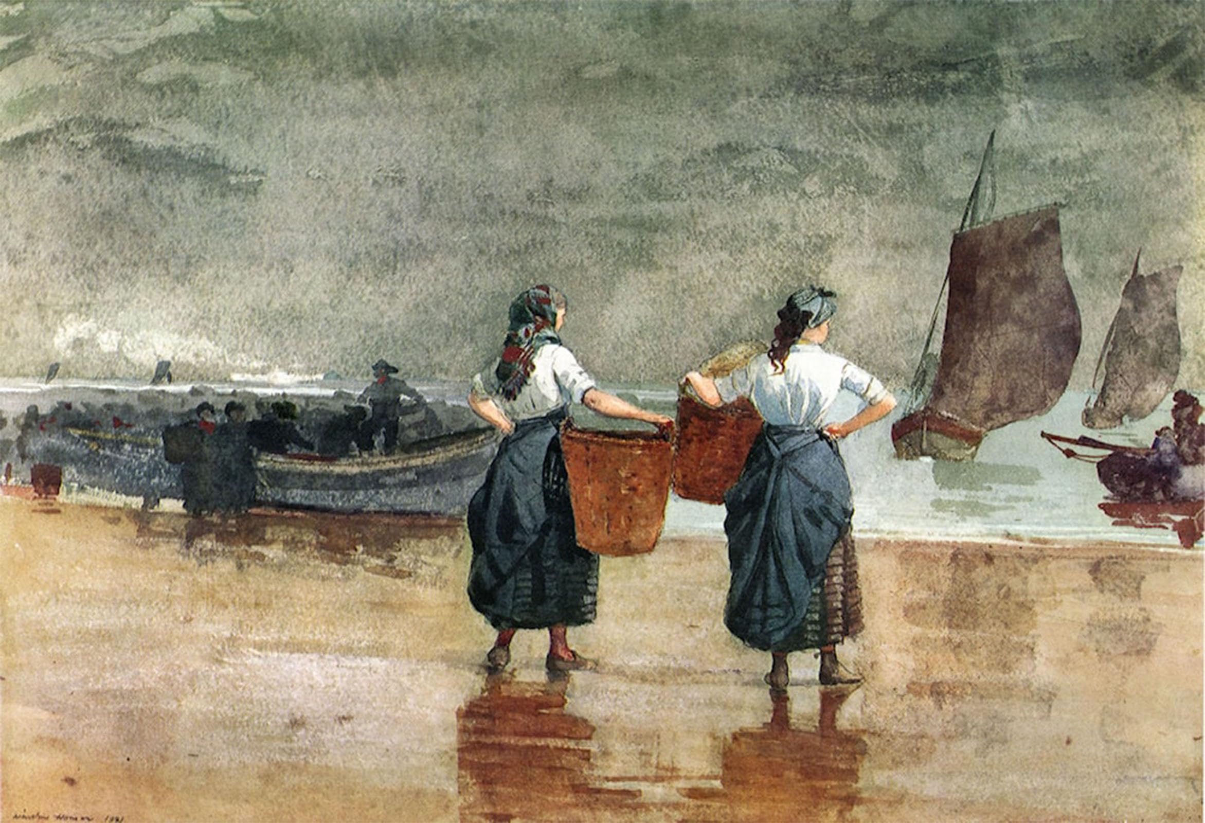 ARTXLXXBN Famous Painting Art Wall Decor Abstract Art Picture Fisher Girls on the Beach Tynemouth by Winslow Homer Animal Pictures for Home Decor 60x90cm