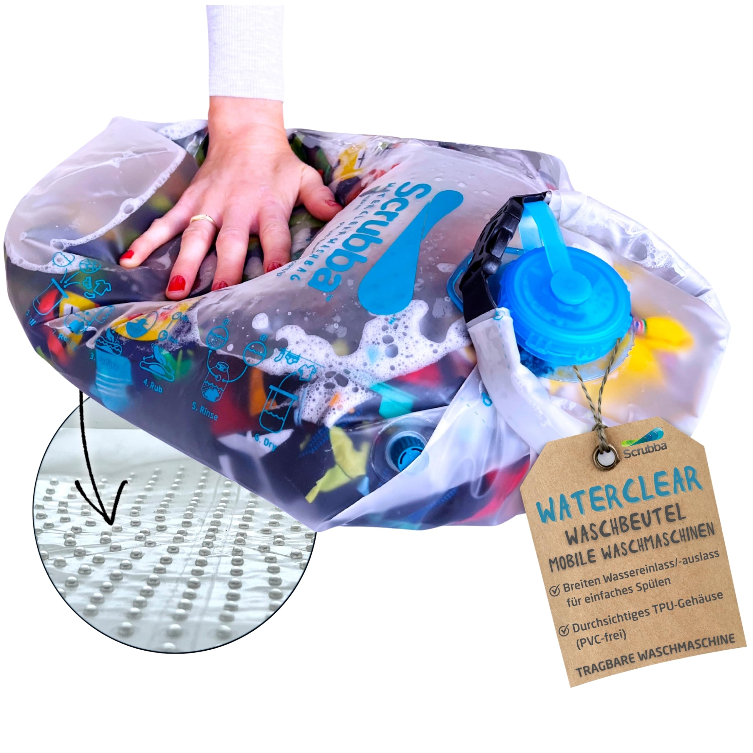 Scrubba WATERCLEAR Waschbeutel - Tragbare Waschmaschine mit breiter Einfüllöffnung - Für Camping, Hotels, Reisen & Babywäsche - Manuell, kompakt & leicht - Waschbeutel für unterwegs - 195g