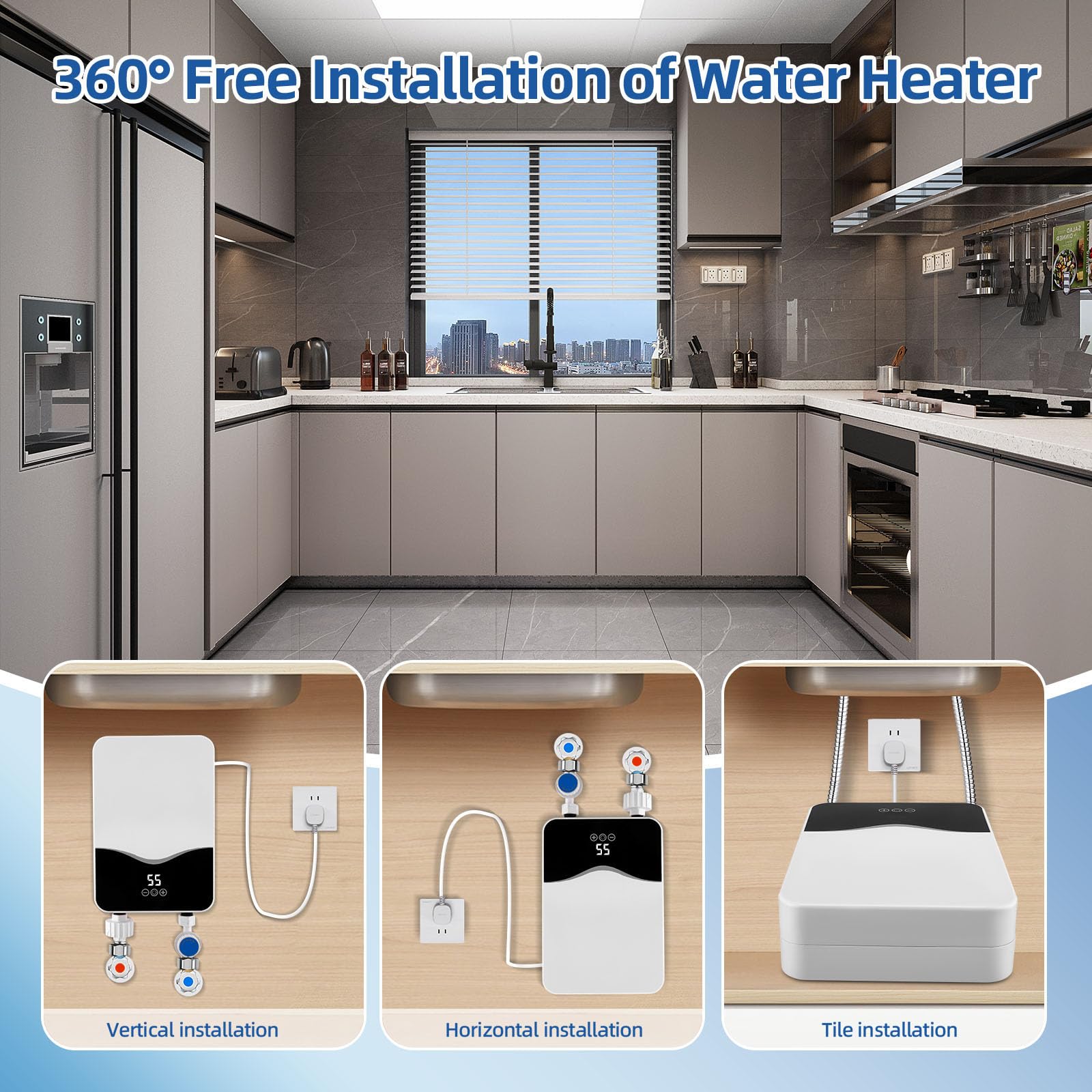Scaldacqua elettrico da 5500 W con scaldabagno a flusso continuo e display LED della temperatura, regolabile da 30 a 55 °C IPX4 impermeabile, montaggio a parete adatto per doccia/cucina (A01)