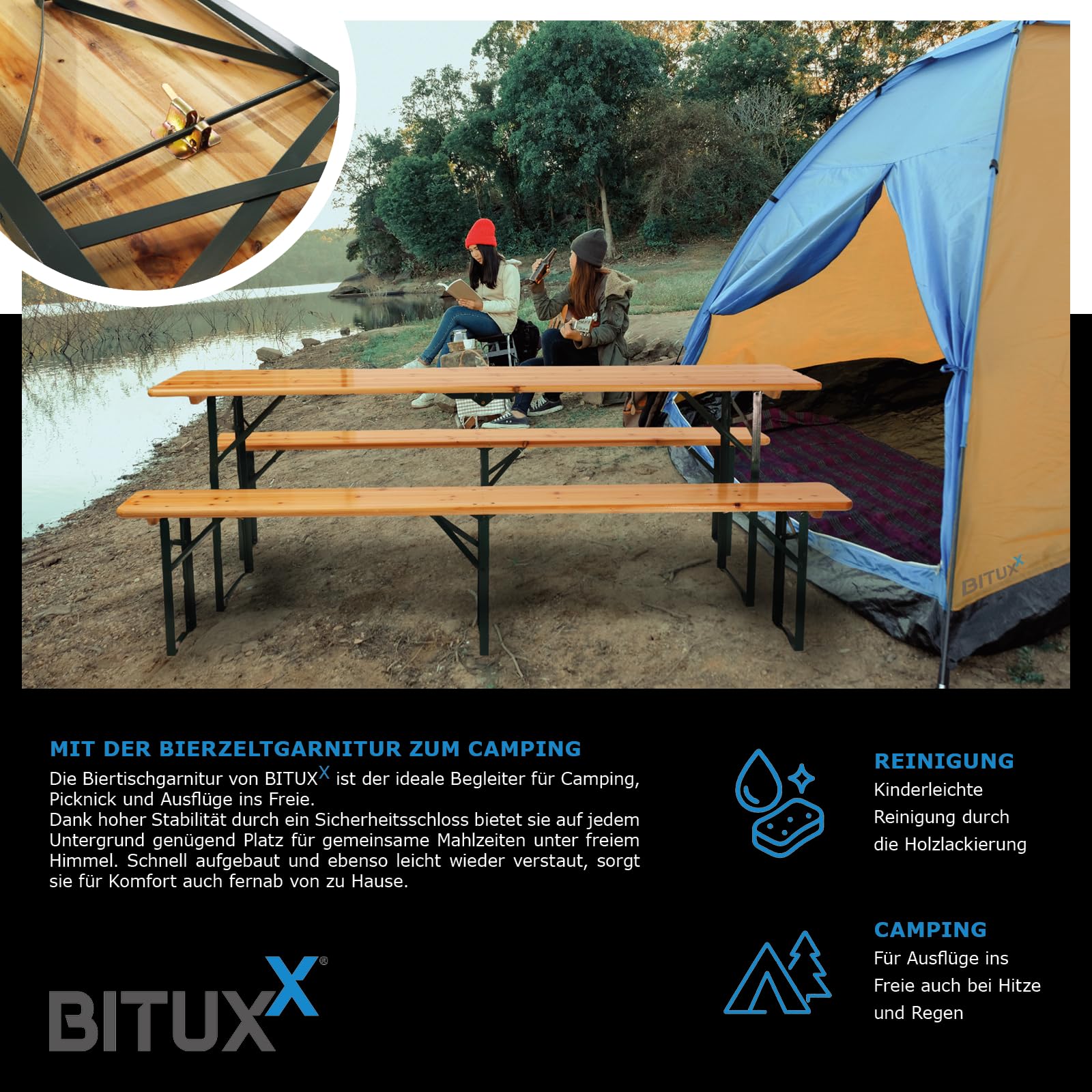 BITUXX Faltbare Bierzeltgarnitur Biertischgarnitur Bierbankgarnitur Festzeltgarnitur Biergartengarnitur Bierbank Biertisch Klappbar 1x Tisch 2X Bänke 216cm
