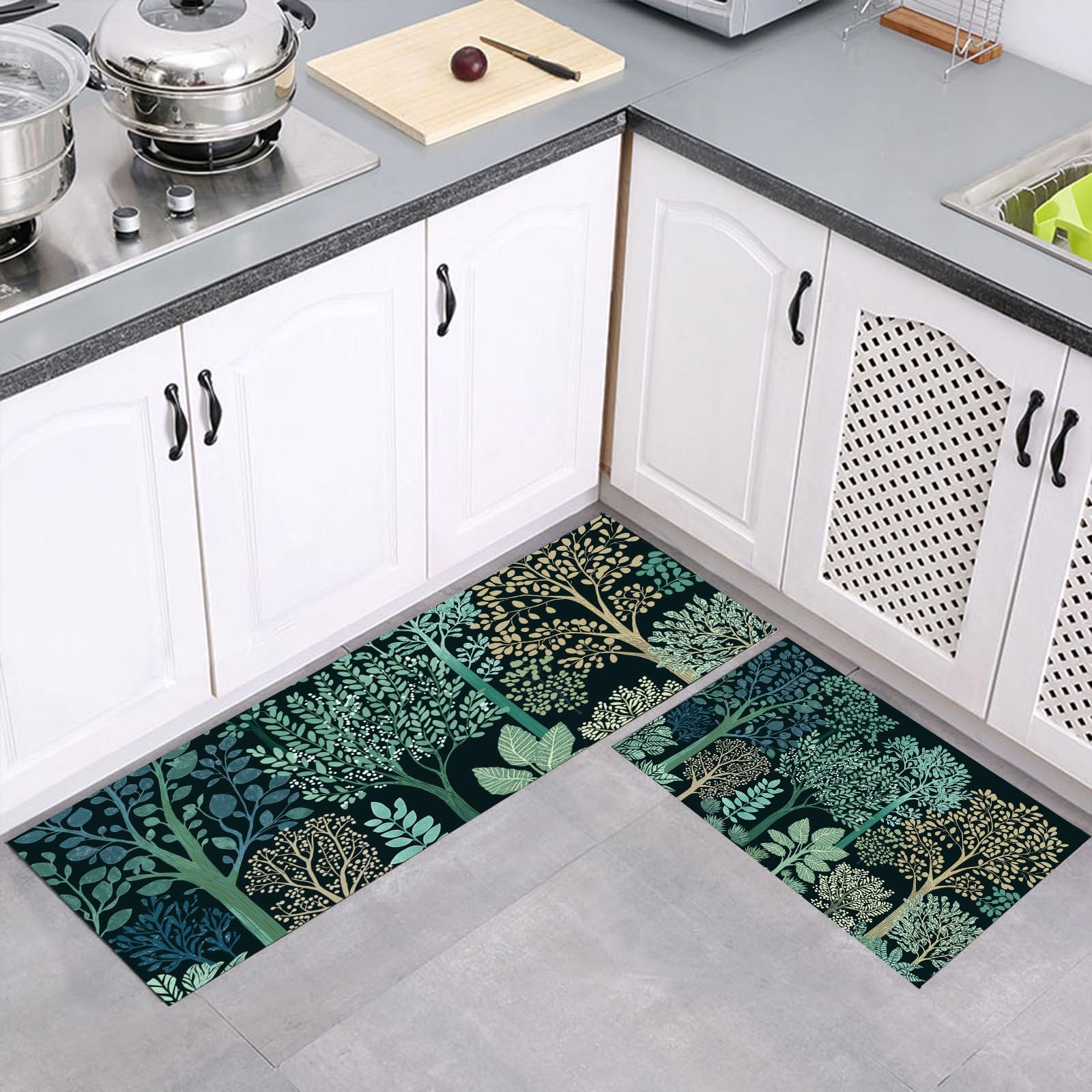 Tapis de cuisine antidérapant lot de 2 vert foncé motif forêt graffiti 40x60 et 40x120cm