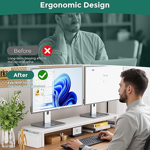 Miniatura 6 de Soporte elevador de monitor doble, soporte de madera extra largo de 41.5 pulgadas, organizador de escritorio con bolsillo lateral, elevador de