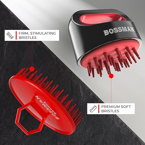 Vista 5 de Bossman Masajeador y cepillo de champú para cuero cabelludo (3 pulgadas, rojo) - Cepillo exfoliante para cuero cabelludo - Limpiador de cabeza