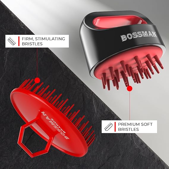 Bossman Titan Shower Scalp Massager Scalp Exfoliator Brush Ergonomic Silicone Scrubber for Product Build-Up, Dandruff & Pore Stimulation Head & Beard Care Tool with Soft Bristles