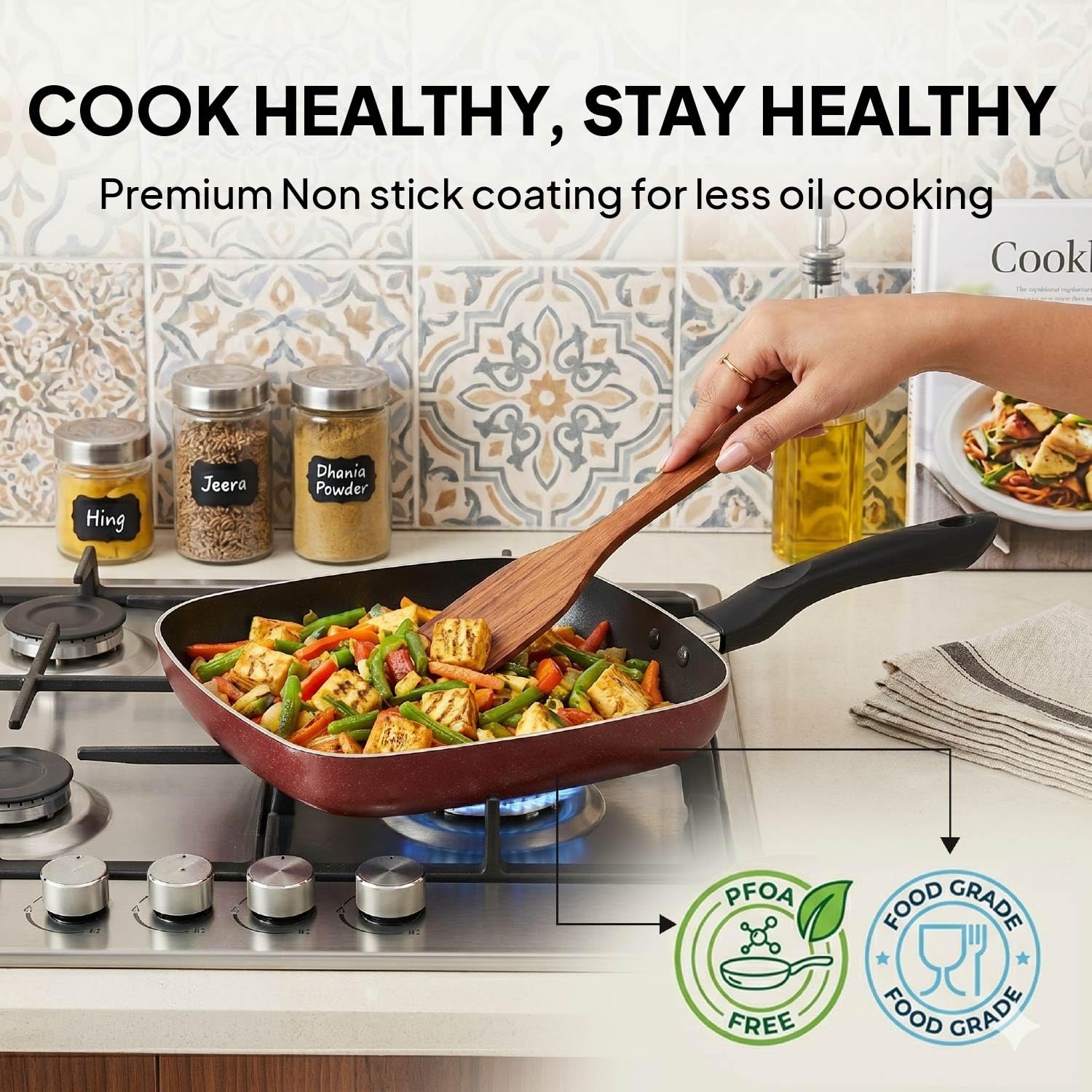 CELLO Aluminium Non-Stick Base Grill Pan with Cool Touch Handle, Black | Scratch Resistant, PFOA Free Low-Oil Use, Gas Stove Compatible | For Sandwich Indoor/Outdoor Sizzling Grilling Frying Cooking 2