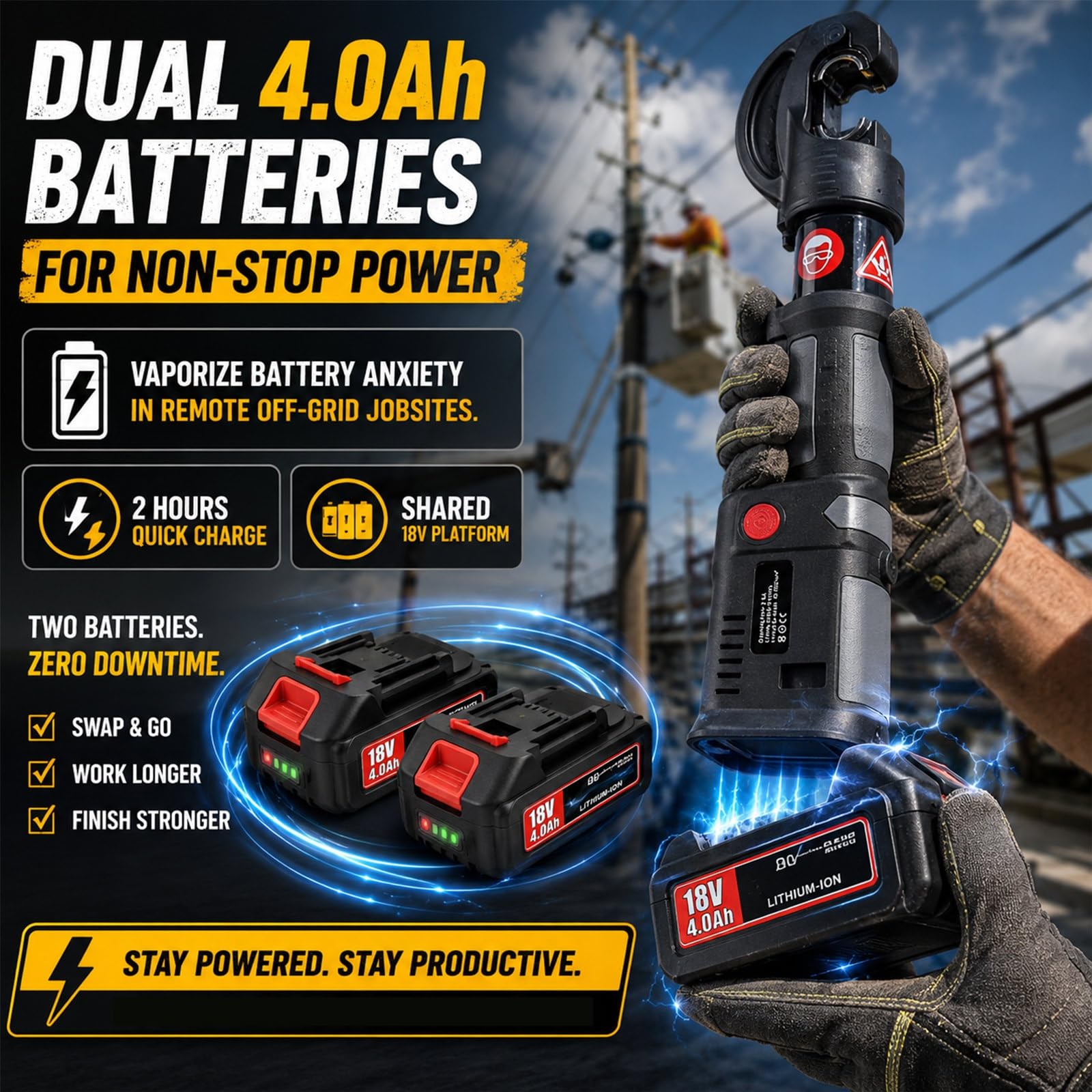 Akumulatorowa Praska Hydrauliczna do Kabli 12 Ton, Zaciskarka Elektryczna 18V Końcówek 16-400mm², Narzędzie do Rur Miedzianych z Ruchomą Głowicą i Dwoma Akumulatorami